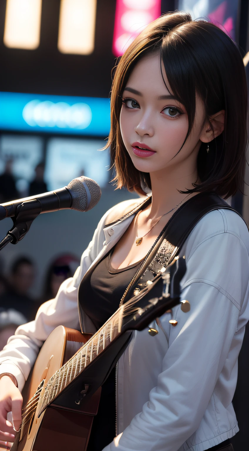 (Highest quality,8k,High resolution,masterpiece:1.2),((masterpiece,Highest quality)), 非常に詳細なHigh resolution, A girl in her fifties singing into a microphone while playing the guitar, Perform on stage, vocalist, Live Performance, (Slender body:1.5),((small breasts:1.5),Highly detailed skin and facial textures:1.3, Ultra detailed face, Detailed hands and fingers, Beautiful attention to detail,Beautiful lip detail,Singer-songwriter, Playing guitar on stage, Woman Playing Guitar, Gombi, Photo taken with Nikon D750, Shot with Canon EOS 5D Mark IV, Girl playing guitar, musician
