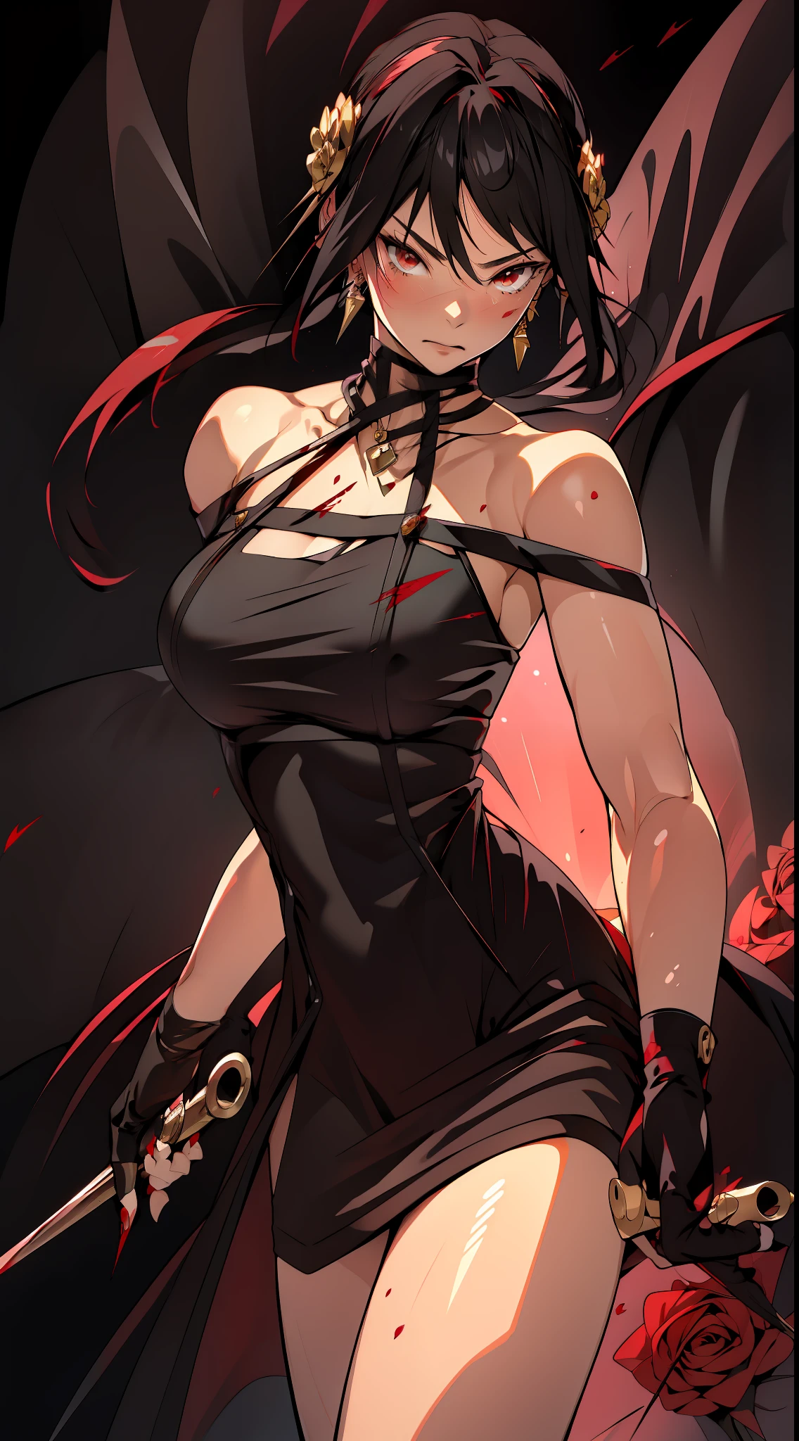 (anime) . ((Yor Briar), 1woman, backlighting, (bare shoulders), (black background), (black dress), (black gloves), (black hair), blood, (blood on face), (blood on weapon), breasts, (closed mouth), (cowboy shot), dress, earrings, expressionless, fingerless gloves, (floating hair), (floral print), flower, (gloves, gold earrings), (gold hairband), (hair flower), (hair ornament), hairband, holding, (holding weapon), jewelry, (large breasts), (light particles), (long hair), (looking at viewer), (off-shoulder dress), (off shoulder), petals, (red eyes), rose, (rose petals), (rose print), (short hair with long locks), sidelocks, solo, spikes, thighs, (two-sided dress), (two-sided fabric), weapon, ((masterpiece)), 4k )