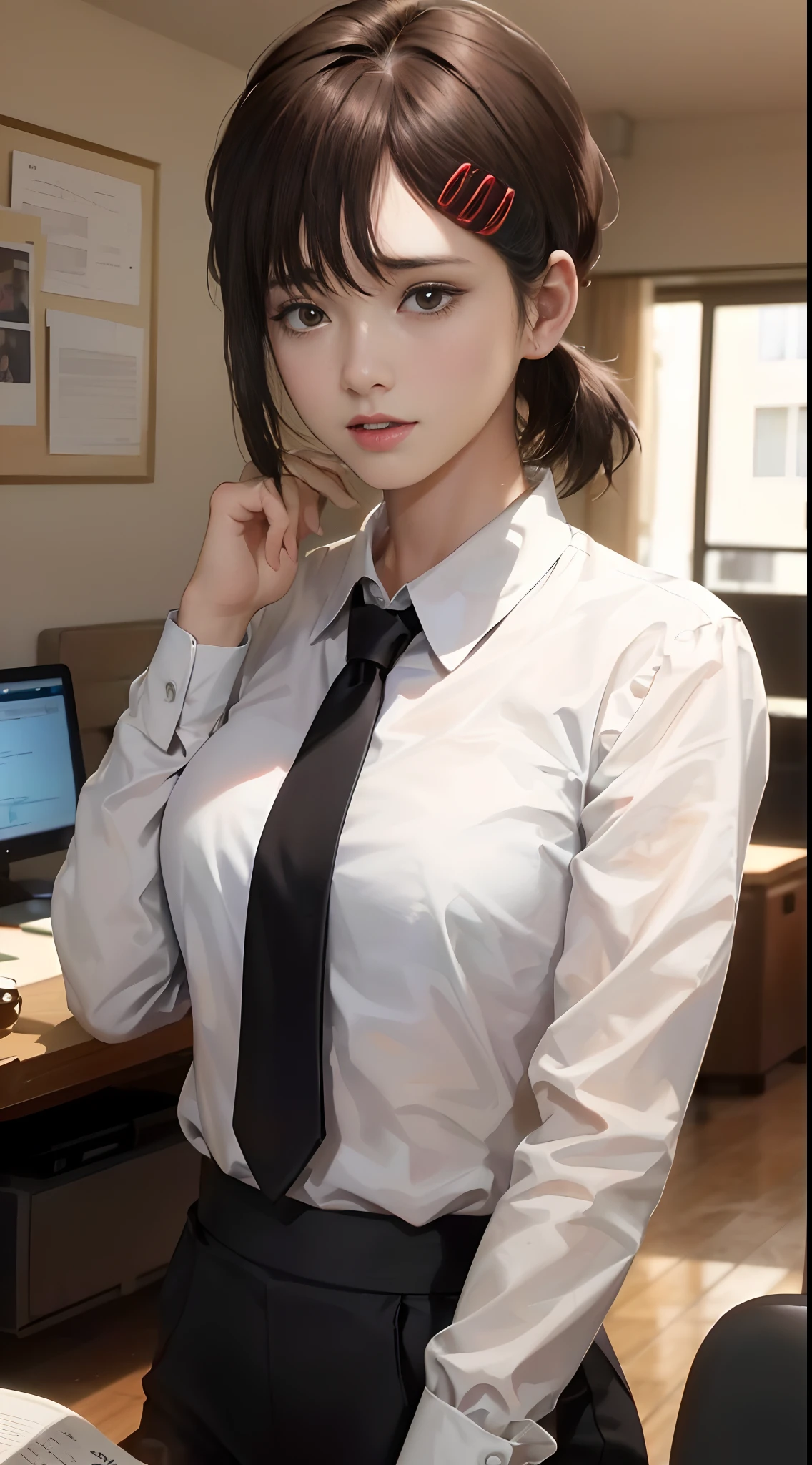 tmasterpiece,best qualtiy,ultra - detailed,illustratio,epic lighting,cinematic compositions,isometry,1girll,ssmile,Redlip,独奏,adolable,Black eyes,Black color hair,By bangs,red hair clips,blouse with a white collar,black necktie,Black pantsuit,Professional Dress,captivating posture,inside in room,office room,Open the door,looking at viewert,peeking out upper body,Be red in the face,seduct smile,Shut your mouth,(8K:1.1),