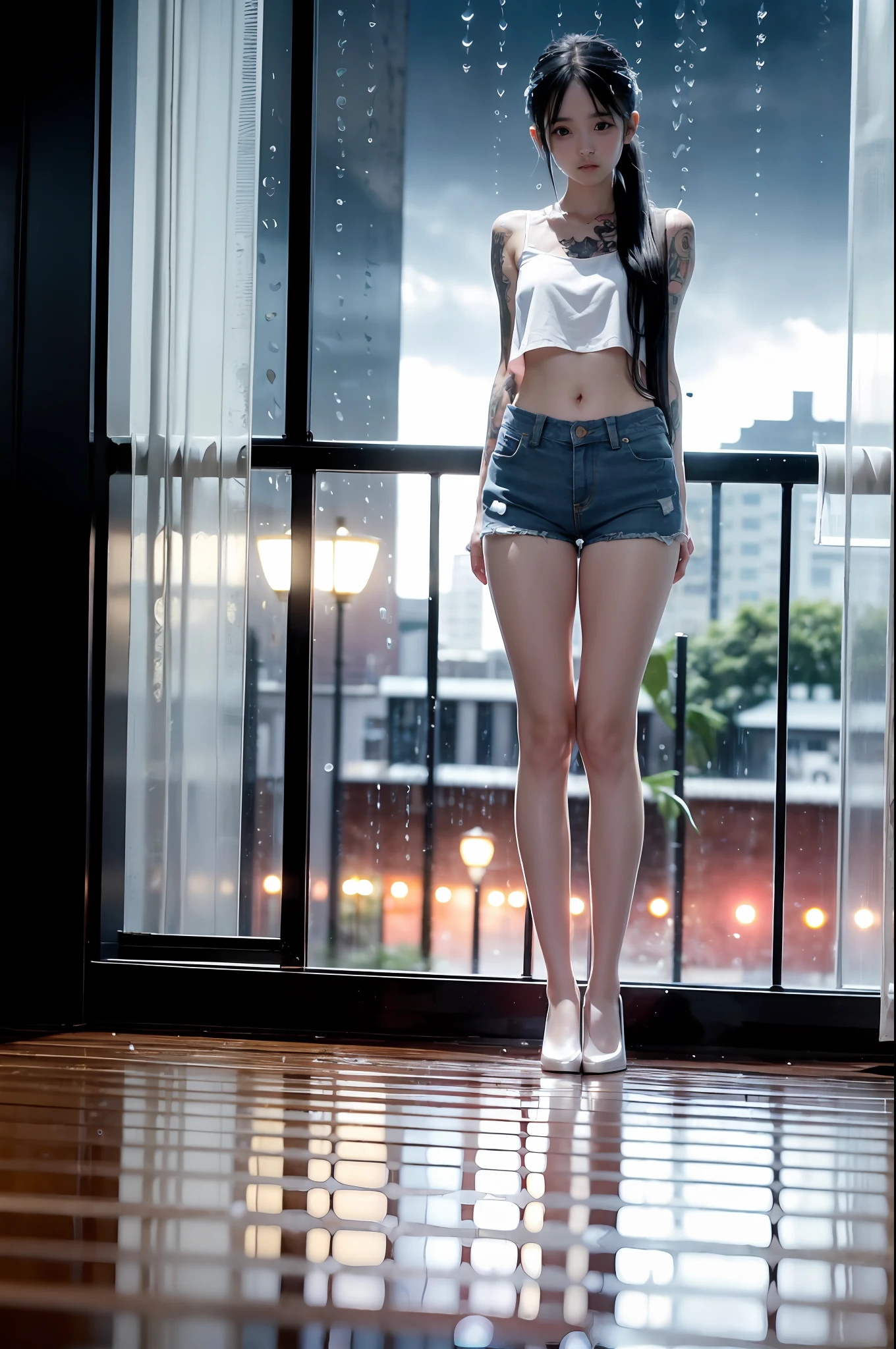 city night scene,downpours,Night of heavy rain,One looks a bit decadent,Soaked girl on the ground,Bottom view,There are many tattoos on one arm,Wear extra-short denim shorts,White top,red high heel pumps,Bare shoulders and navel,There is standing water and rainwater on the ground,