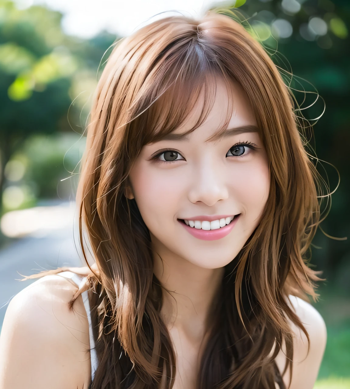 Woman with shoulder-length hair and big smile, girl cute-fine-face, Beautiful young Korean woman, the face of a beautiful Japanese girl