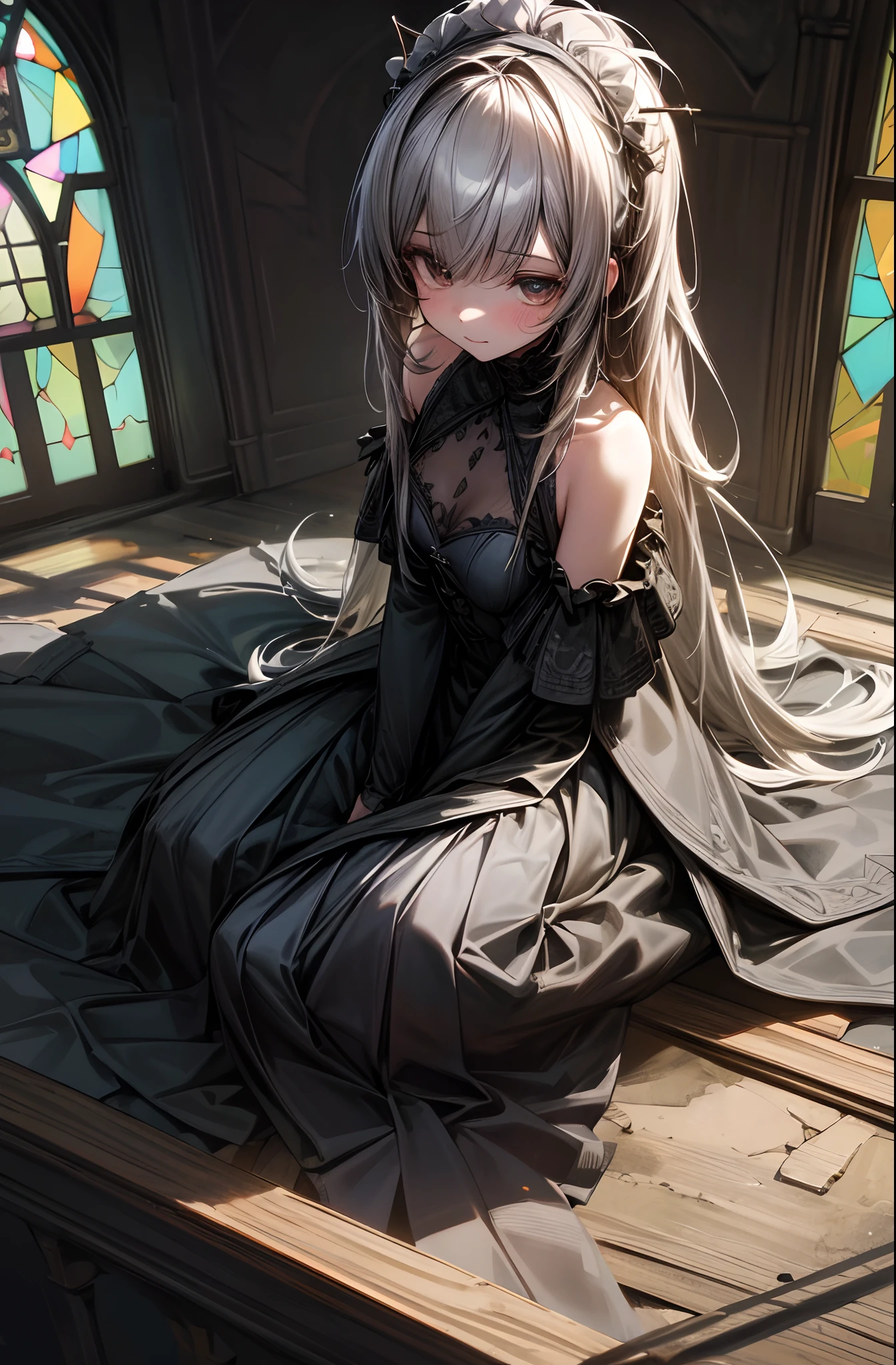 highly detailed wallpaper, Super detailed details, detailed shadow, very precise details, Very detailed 8k wallpaper, very fine 8KCG wallpaper,Old abandoned church. Sitting girl. Her long black dress is torn々It's dirty. Her white dull hair is long and hairy. Light is shining through cracked stained glass windows.highly detailed wallpaper, Super detailed details, detailed shadow, very precise details, Very detailed 8k wallpaper, very fine 8KCG wallpaper