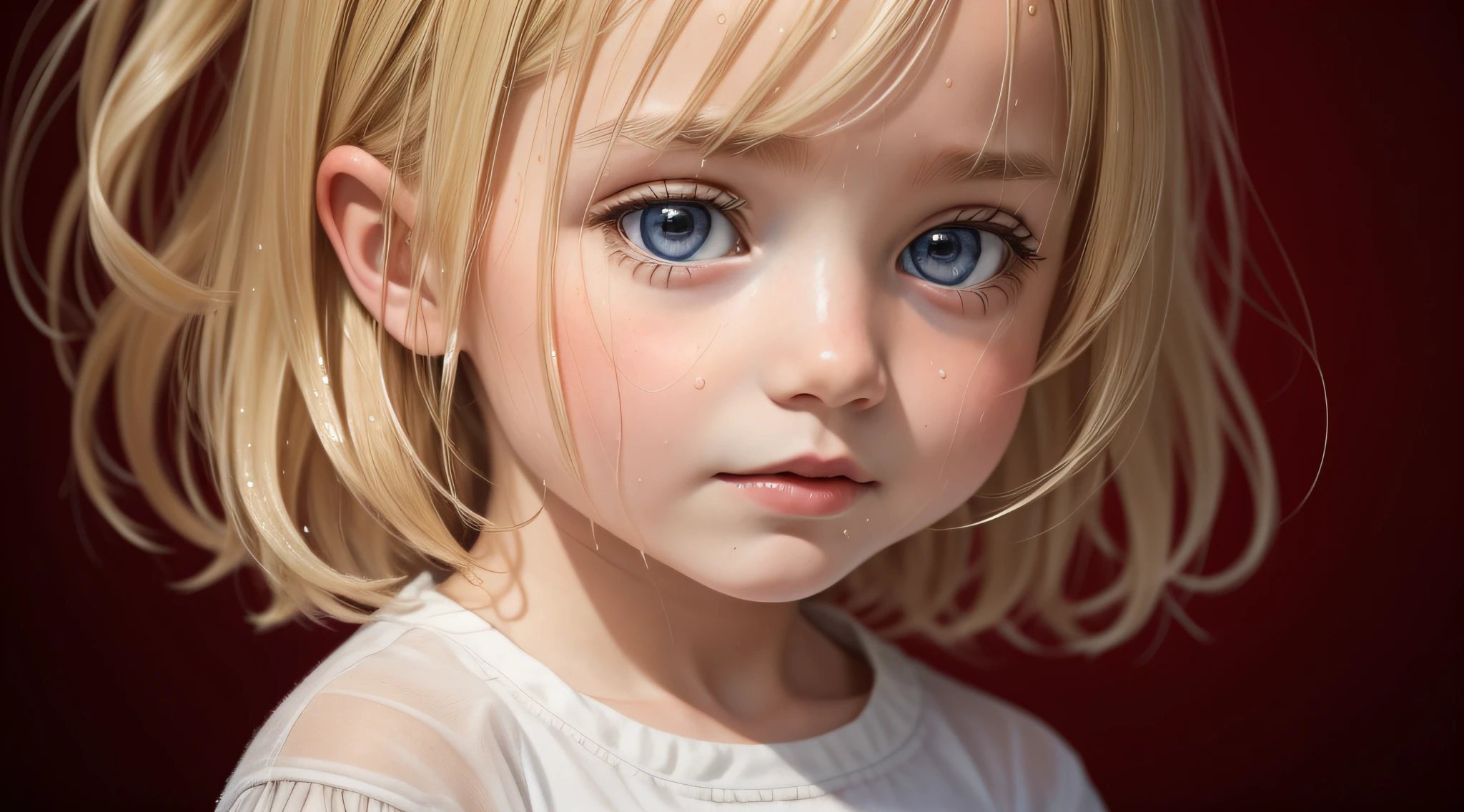 a BLONDE CHILD girl with a wet head, Retrato chovendo, fundo vermelho.