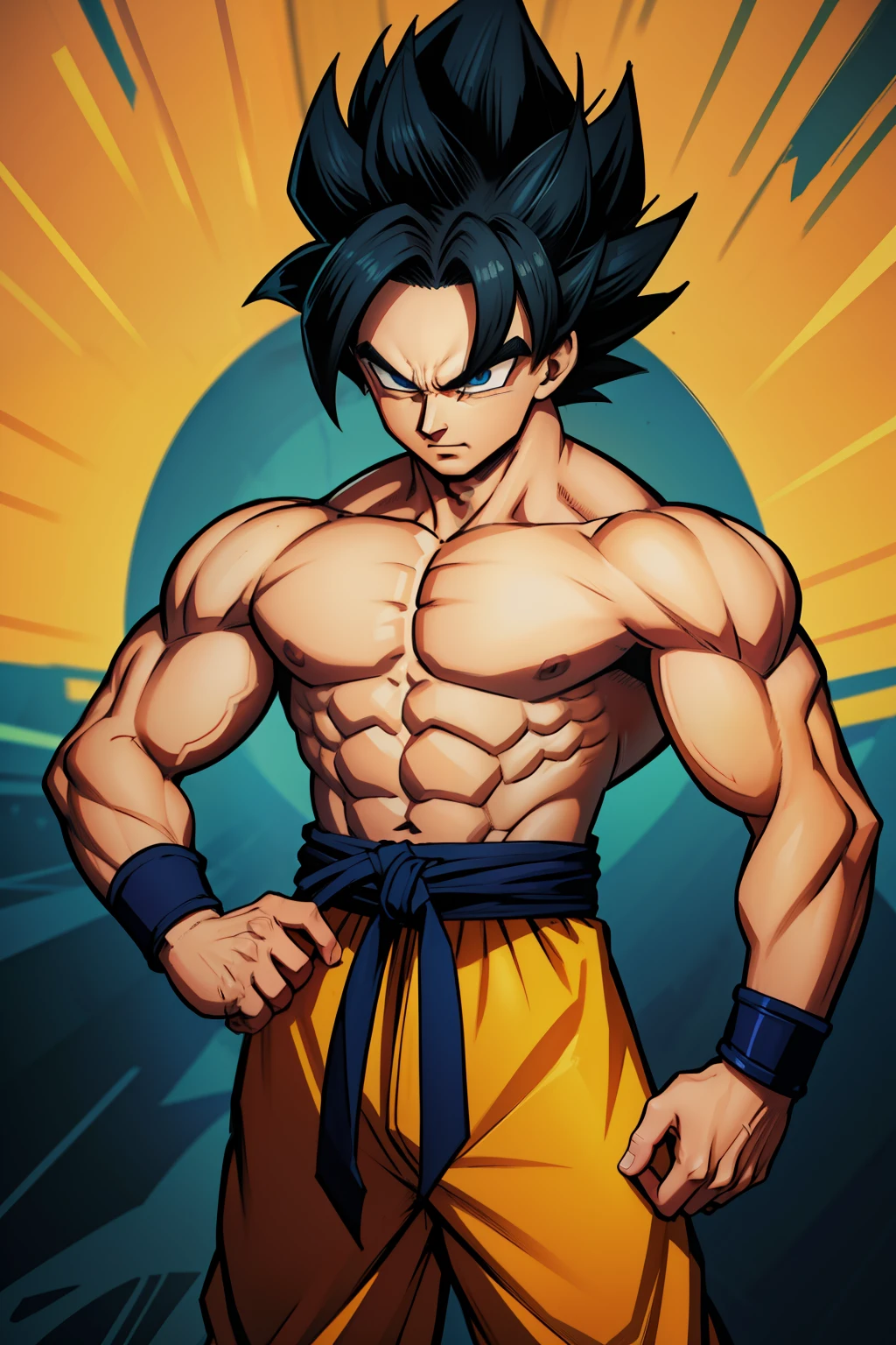 (obra-prima, melhor qualidade), detalhes intrincados, 8k, artstation, papel de parede, arte oficial, splash art, tempestade no fundo, foco nítido, 1boy, (fotorrealista: 1.2) (bokeh) (melhor qualidade) (pele detalhada: 1.3) (detalhes intrincados) (8k) (olhos detalhados) (foco nítido) son goku, irritado, dano de batalha, cabelo loiro, faixa azul, dentes cerrados, furioso, olhos verdes, foco masculino, muscular, masculino musculoso, peitorais, faixa, solo, cabelo cravado,  super saiyajin, super saiyajin 1, dentes, topless masculino, roupas rasgadas, pulseira, fundi com  Vegeta