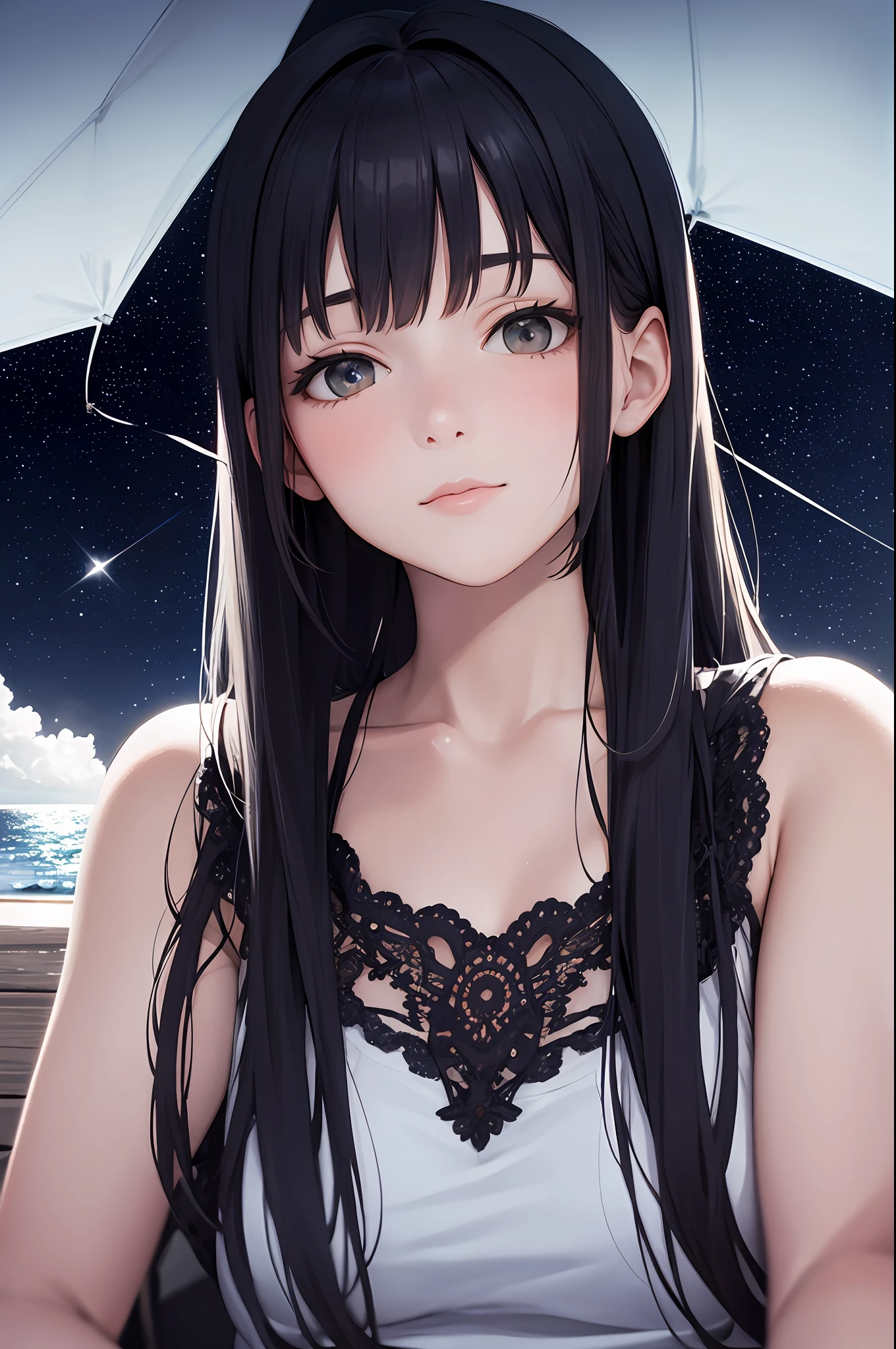 black hair、one cute girl、alone、and soul、flower garden、blush、white swimsuit、off shoulder、paleo