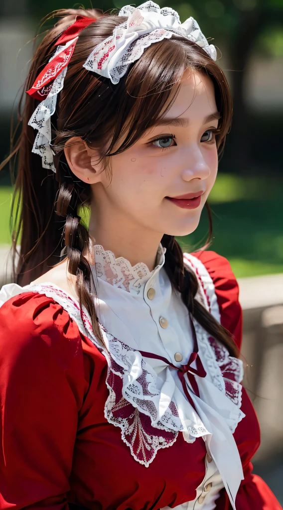 raw ((Portrait)), (Best Quality), (Realistic, Photorealsitic:1.3), Best Quality ,masutepiece, extremely delicate and beautiful, Extremely detailed ,nffsw ,Unity , 2k wallpaper, amazing, finely detail, masutepiece, Best Quality, Highly detailed ticker Unity 8k wallpaper, huge filesize , Ultra-detailed, hight resolution, Extremely detailed, Sunlight, Pool, Dynamic Pose, Dynamic Angle, (((realistic skin textures:1.1))), ((())), (Lashes), ((())) 
1girl in, Japanese, (((ars))), (((a juni (long twin tail hair), (((bangss))), Smile, hair blowing in wind,
(Red dress:1.2), Above the waist, Upper body, the front, From Side, (((Red Goss Rowley:1.4))), (((red lolita fashion))), (((Luxurious lace decoration))), (((Luxurious ruffles))), (((Gorgeous ribbons))),