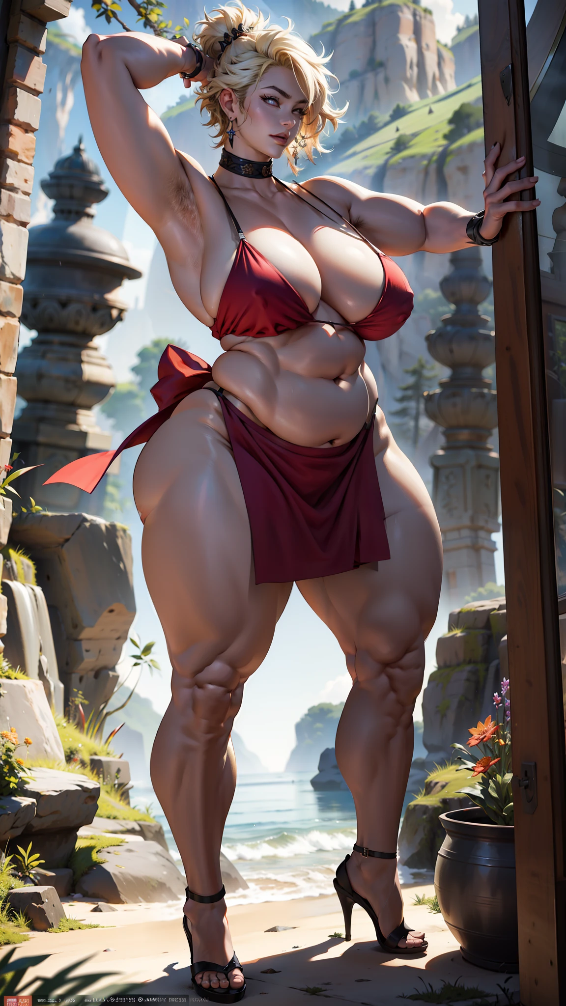 独奏,(:1.3),thick thight,upper legs,Wide buttock,dent in the skin,short detailed hair,Blonde curly hair,erected ,ssmile ,Water's Edge,Vaginal exposure ,cheerfulness,(Three-point red bikini:1.2),cparted lips,high-heels,aprons,plumw,exposed midriff,protruding areolas,gigantic cleavage breasts,4K,realistic humid skin,Armpits,Large curved hips,very big tongue out,Fleshy figure,with perfect legs,Hypertrophic,protruding areolas,Hypertrophic,crouched,Bronzed skin,detailed lips,bubble butt,Breasts are larger than the torso,Crazy swollen breasts,otherworld background,Koreainsta Goddess,Realistic fantasy rendering,Forced hair,photorealistic anime girl rendering,Faraway view,(full-body portraits:1.4),(:1.5),(Exaggerated body proportions),(Nine-headed body),Wearing delicate earrings,chest exposed from armor,a plump buttocks,slender leg,Thick thighs,aprons,camel-toe,rendering by octane, (Unbeatable masterpiece, ultra realistic 8k cg, dramatics, Ray traching, hdr:1.2), (best qualtiy), fanciful, atmospurate, extremely detaile, iintricate, Hyper-detailing, glaring lights, (mirror lighting: 1.4), (photorealiscic face: 1.2), (dent in the skin: 1.3), (1 rapariga: 1.4)