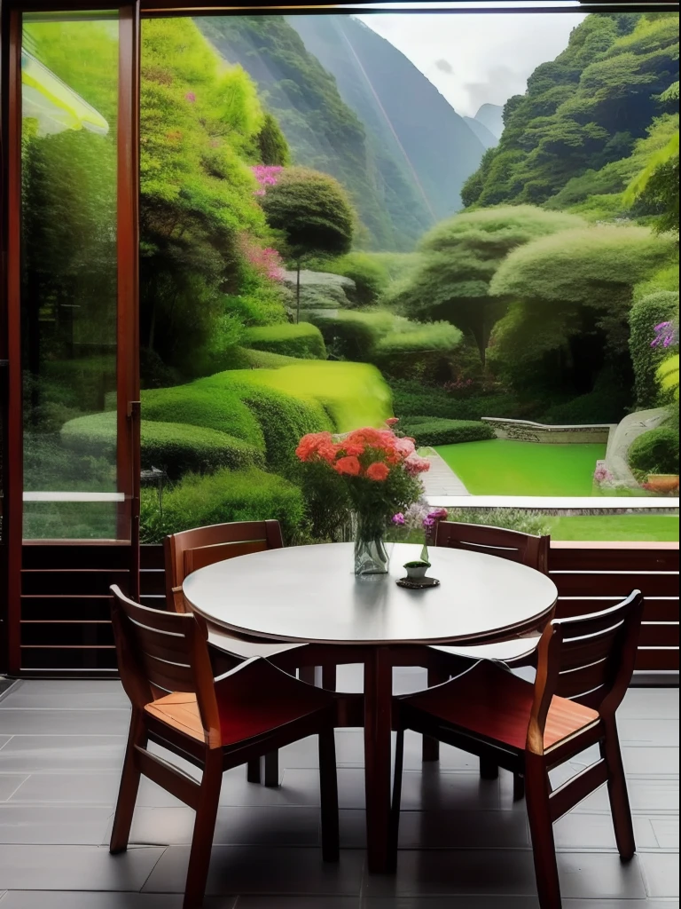 Gangnam,rainy days,Cloud sky,It was dark,Private courtyard,Look out from the floor-to-ceiling doors and windows,Flowers bloom in the yard,Monthly flowers,Flowers,A small round table,Two armchairs,There was a teapot on the table,Two teacups,An umbrella was inserted into the table,water feature,rockery,See the mountain scenery in the distance,HD camera to take photos,The vista is blurred