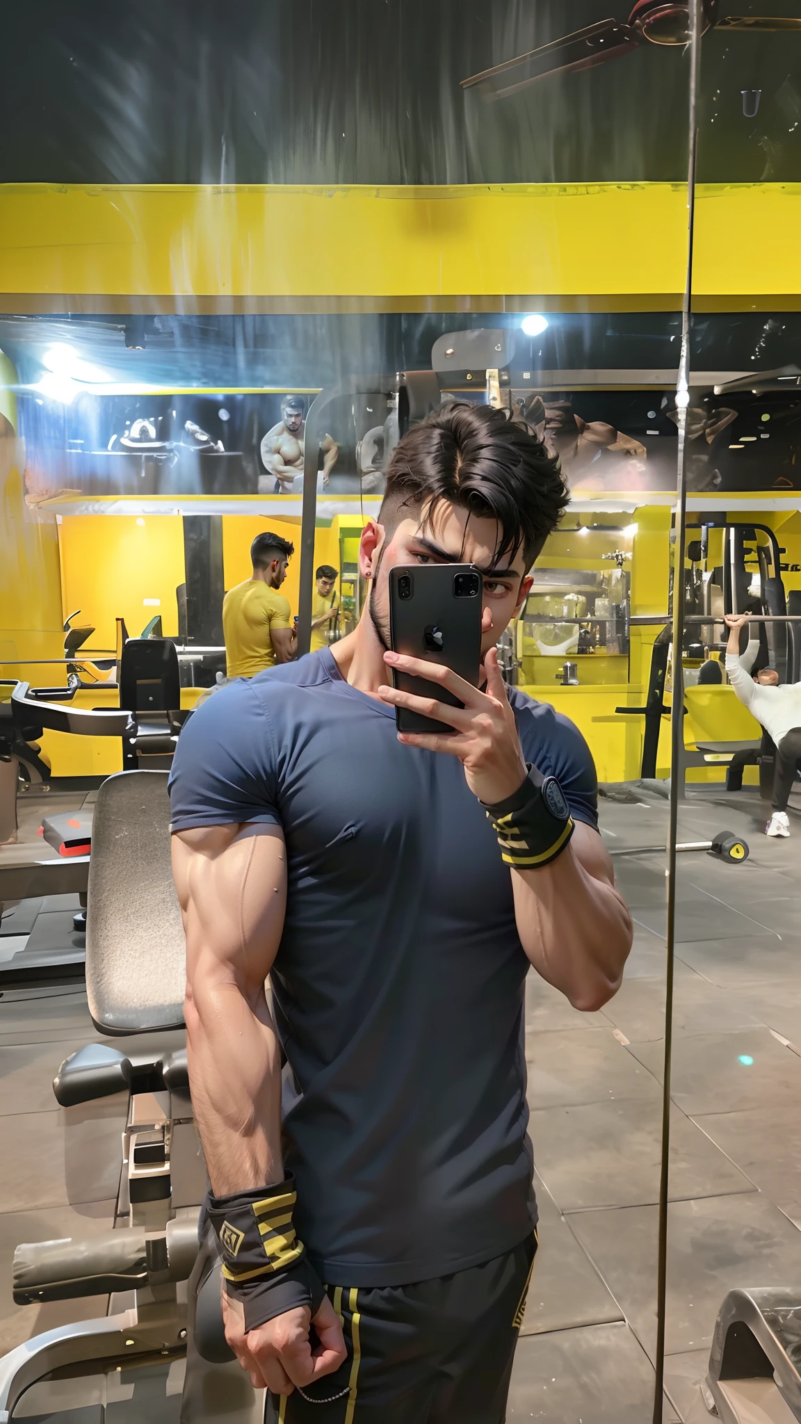 handsome boy body at gym taking mirror selfie with iphone 14 pro max 8k relastic full picture 8k relastic