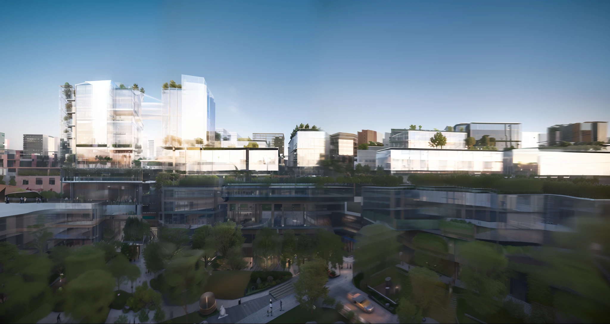A stunningly realistic digital rendering of a modern urban commercial complex designed by renowned architectural firms such as SOM and OMA. The complex features pedestrian streets and exquisite shops, with modern architectural facades creating a sleek and sophisticated environment. The use of three-dimensional corridors and glass curtain wall towers adds to the overall futuristic feel of the scene, while realistic lighting and three-dimensional greenery create a sense of depth and vibrancy. The street planting is exquisitely detailed, adding a touch of natural beauty to the urban space. Rendered in high definition quality using 3D rendering software, the image is a breathtaking piece of urban design,