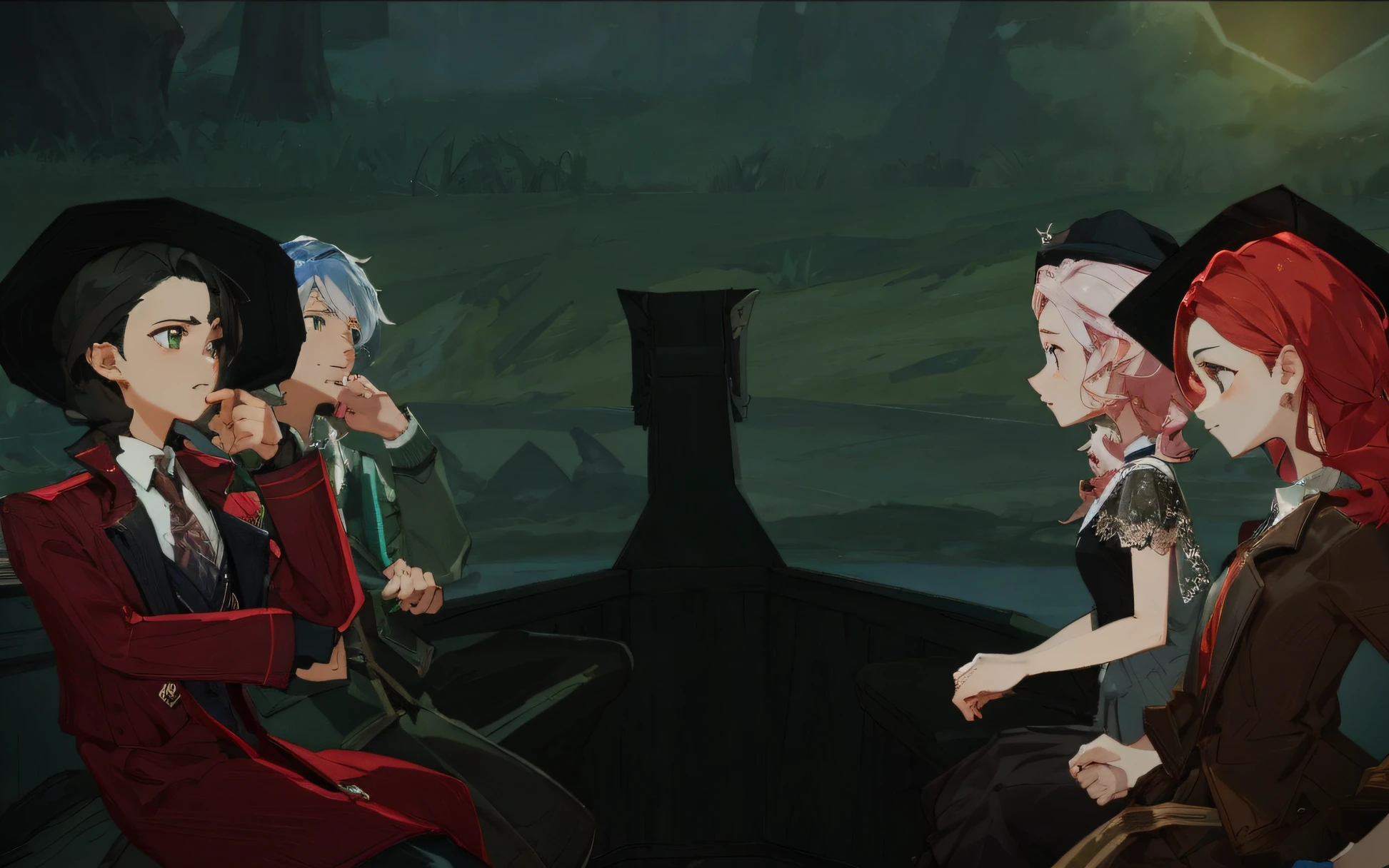 Four people sit on a bench in a dark room, videogame screenshot>, PC screenshot, Cutscenes, medium shot of two characters, game screenshot, gameplay still, videogame screenshot, Official Screenshots, videogame still, Gameplay screenshot with UI, Slideshow, Full screen, detailed screenshot, videogame screenshot, Gameplay screenshots, In-game screenshots, game screenshot