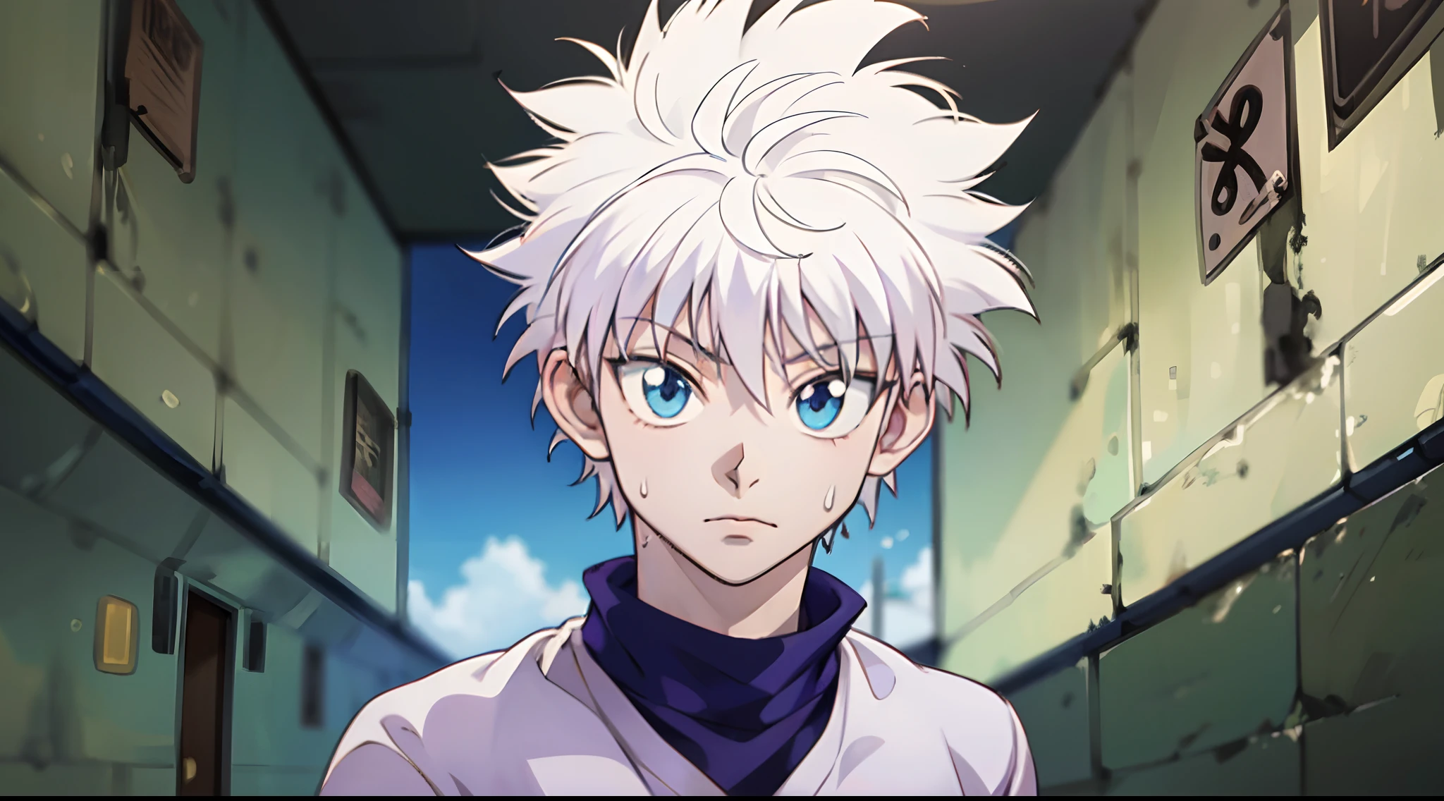 hxh2011,masterpiece(1.5), high quality(1.5), illustration, 8K, perfect lighting, highly detailed face and eyes,
(((hunter_x_hunter))) ,(((killua_zoldyck))) 1boy ,blue_eyes, portrait, hair_between_eyes, looking_at_viewer, male_focus, shirt , short_hair, solo ,sweatdrop ,upper_body, white_hair white_shirt