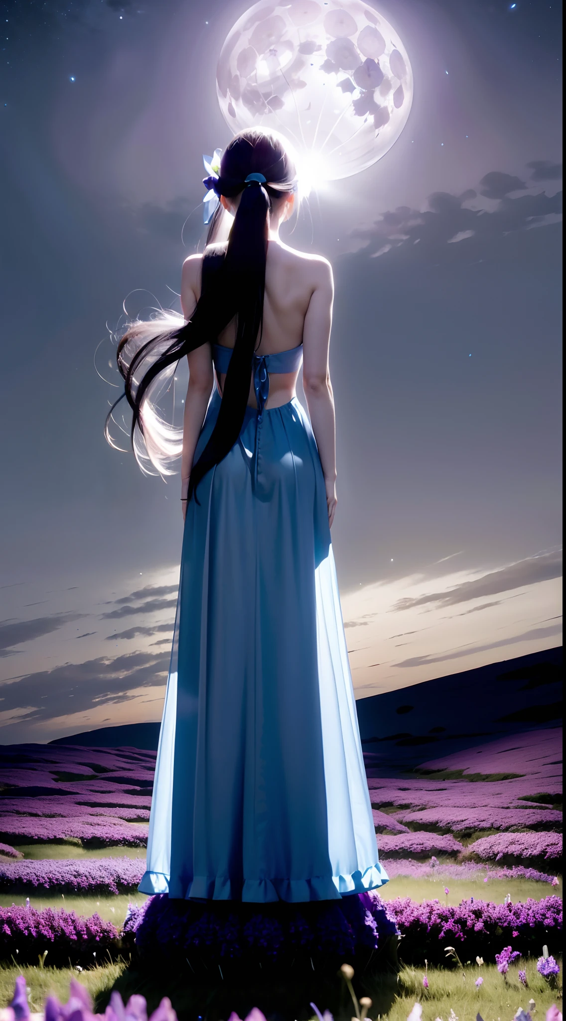 In the dark，Long-haired beauty in towering violet grass，Wearing a dark blue chiffon long dress,Long hair is blown up by the wind，Back shadow，Place one hand behind your ear，Under the stars in the moonlight，extreme light，Outstanding light and shadow，in wonderland。，Dark purple tones，flower  sea，Glowing butterflies，Bust