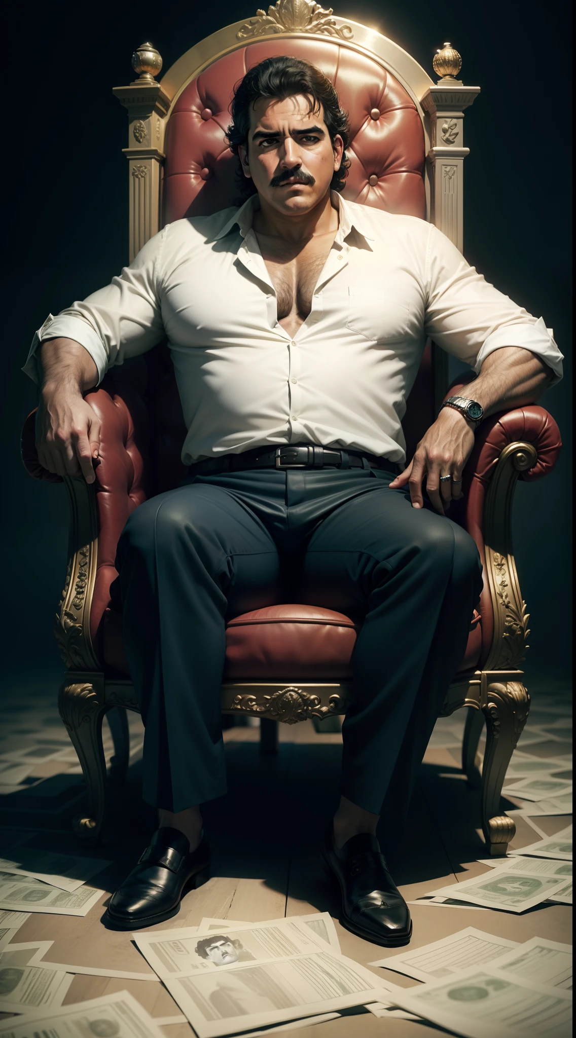 Pablo Escobar sitting on a money throne, 8k resolution