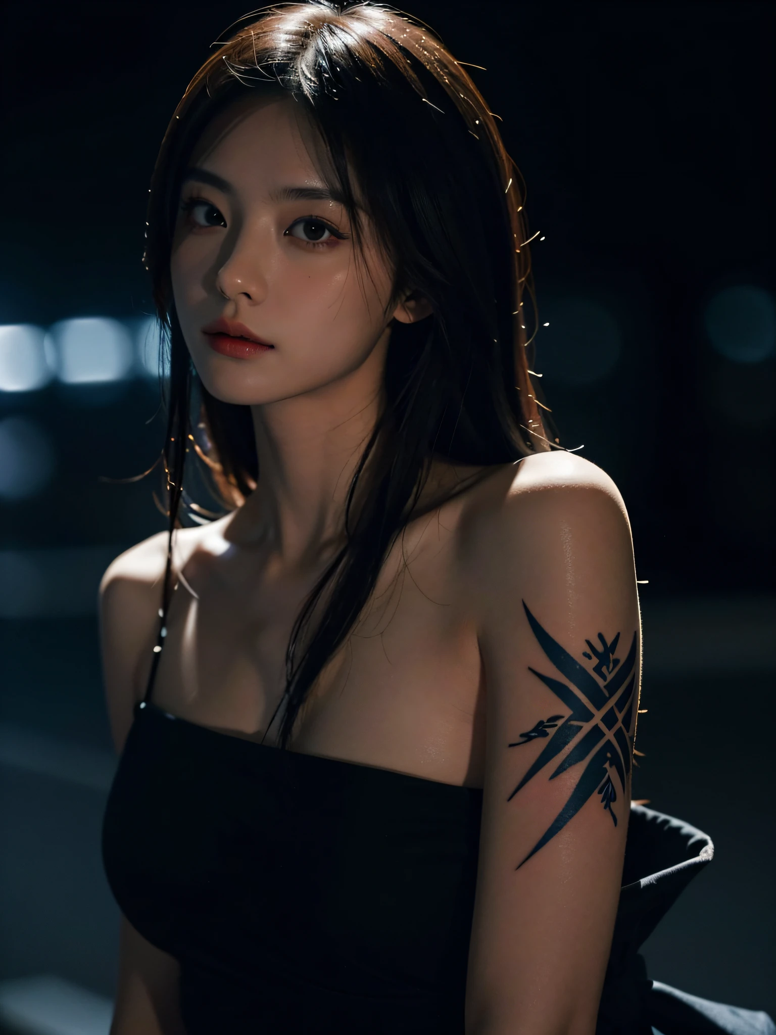 best qualtiy，tmasterpiece，超高分辨率，（真实感：1.4），RAW photogr，1girl，cropped shoulders，in the darkness nigth，deep shading，low tune，cold light，TATTOO