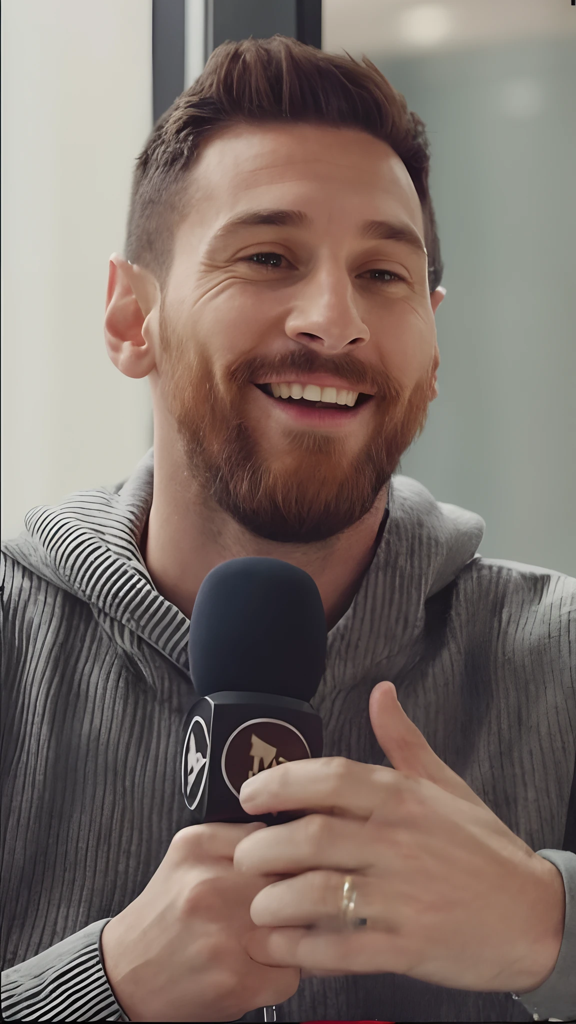 arafed man with a beard and a smile holding a microphone, lionel messi, messi, messi as a viking, lionel messi portrait, interview, lionel messi as a muppet, demna gvasalia, tom hardy, messi as cyborg, smiling, high quality portrait, he is smiling, smiling coyly, messi dunking on ronaldo, insane smile, laughing