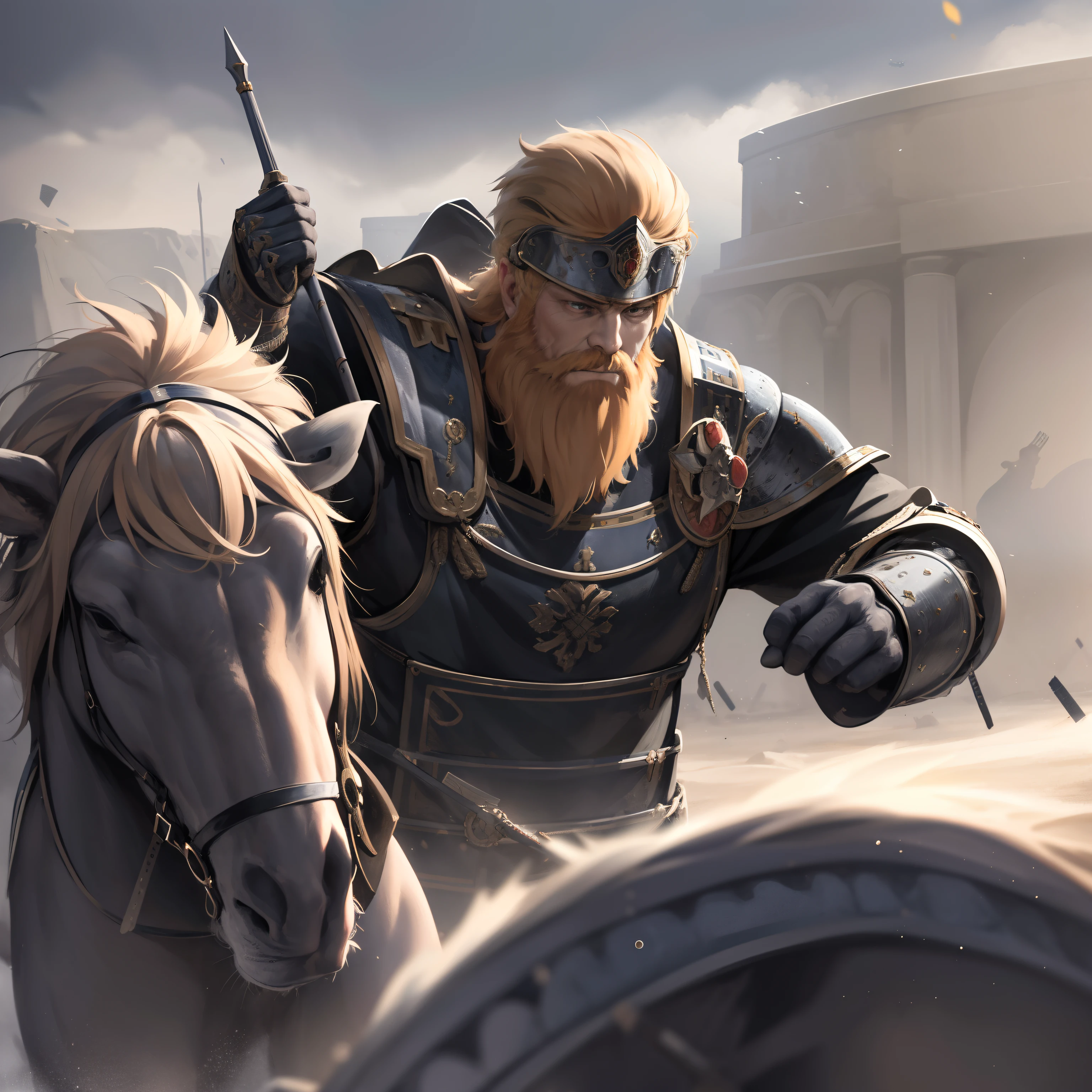 "Wide angle shot of a battlefield, depicting Emperor Frederick Barbarossa bravely engaged in combat with his enemies. The scene exudes an air of mystery and epicness, with a focus on the high level of detail in the emperor's face. The image demands superlative quality, showcasing a sharp and hyper-realistic portrayal of his features."