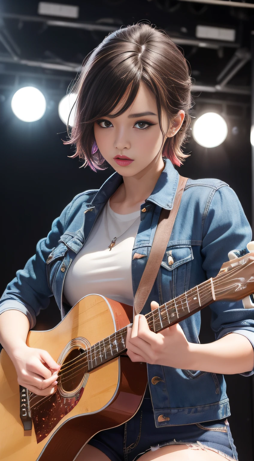 (Masterpiece, Best quality:1.4), (Beautiful, Aesthetic, Perfect, Delicate, Intricate:1.2), (Cute, Adorable), (Depth of field:1.2), cinema shot, Bokeh, Perfect female form, (Perfect face, Detailed face, full pouty lips, Glossy lips, Makeup, eyes liner, Expressive eyes), (Natural breasts, a narrow waist), (Short colorful hair, Rainbow hair, Messy hair), (Short shorts, Short jacket), Punk rock chick on stage, (Playing guitar:1.4), Band on background, auditorium, Audience, Good hands, better hands,