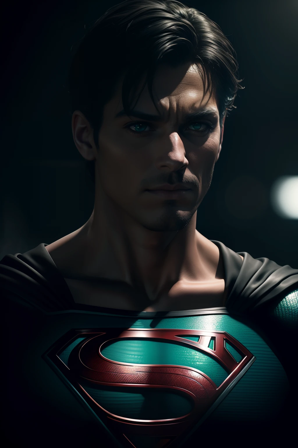 Superman in all black, stands atop a glowing green rock, photorealistic, photo, masterpiece, realistic, realism, photorealism, high contrast, photorealistic digital art trending on Artstation 8k HD high definition detailed realistic, detailed, skin texture, hyper detailed, realistic skin texture, armature, best quality, ultra high res, (photorealistic:1.4),, high resolution, detailed, raw photo, sharp re, by lee jeffries nikon d850 film stock photograph 4 kodak portra 400 camera f1.6 lens rich colors hyper realistic lifelike texture dramatic lighting unrealengine trending on artstation cinestill 800,