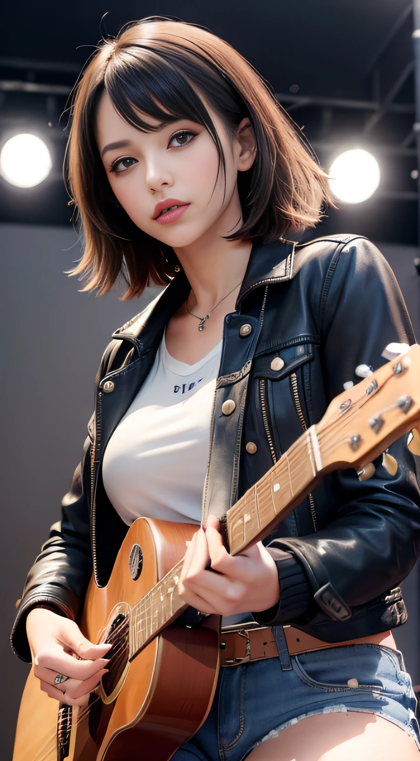 (Masterpiece, Best quality:1.4), (Beautiful, Aesthetic, Perfect, Delicate, Intricate:1.2), (Cute, Adorable), (Depth of field:1.2), cinema shot, Bokeh, Perfect female form, (Perfect face, Detailed face, full pouty lips, Glossy lips, Makeup, eyes liner, Expressive eyes), (Natural breasts, a narrow waist), (Short colorful hair, Rainbow hair, Messy hair), (Short shorts, Short jacket), Punk rock chick on stage, (Playing guitar:1.4), Band on background, auditorium, Audience, Good hands, better hands,