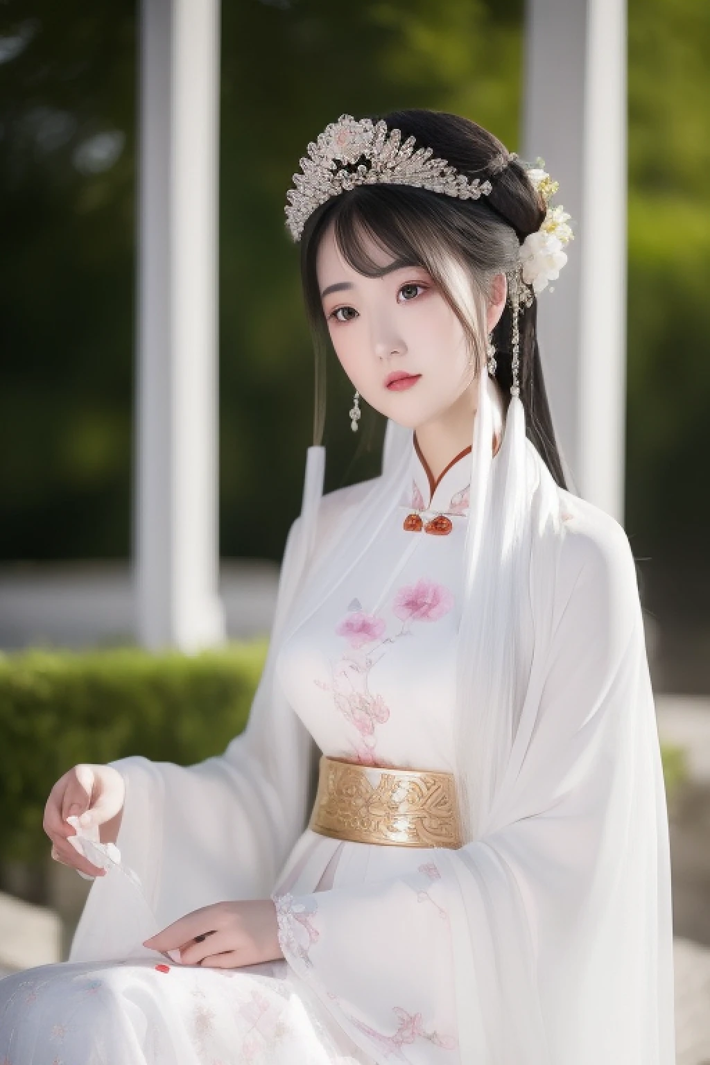 (((a beautiful fantasy empress))), Traditional beauty, White Hanfu, Princesa chinesa antiga, lovely languid princess, xianxia fantasy, Chinese girl, Chinese traditional, A woman in a white dress in the palace, A girl in Hanfu, detail in face, Hand detail, Realiy, Beautiful