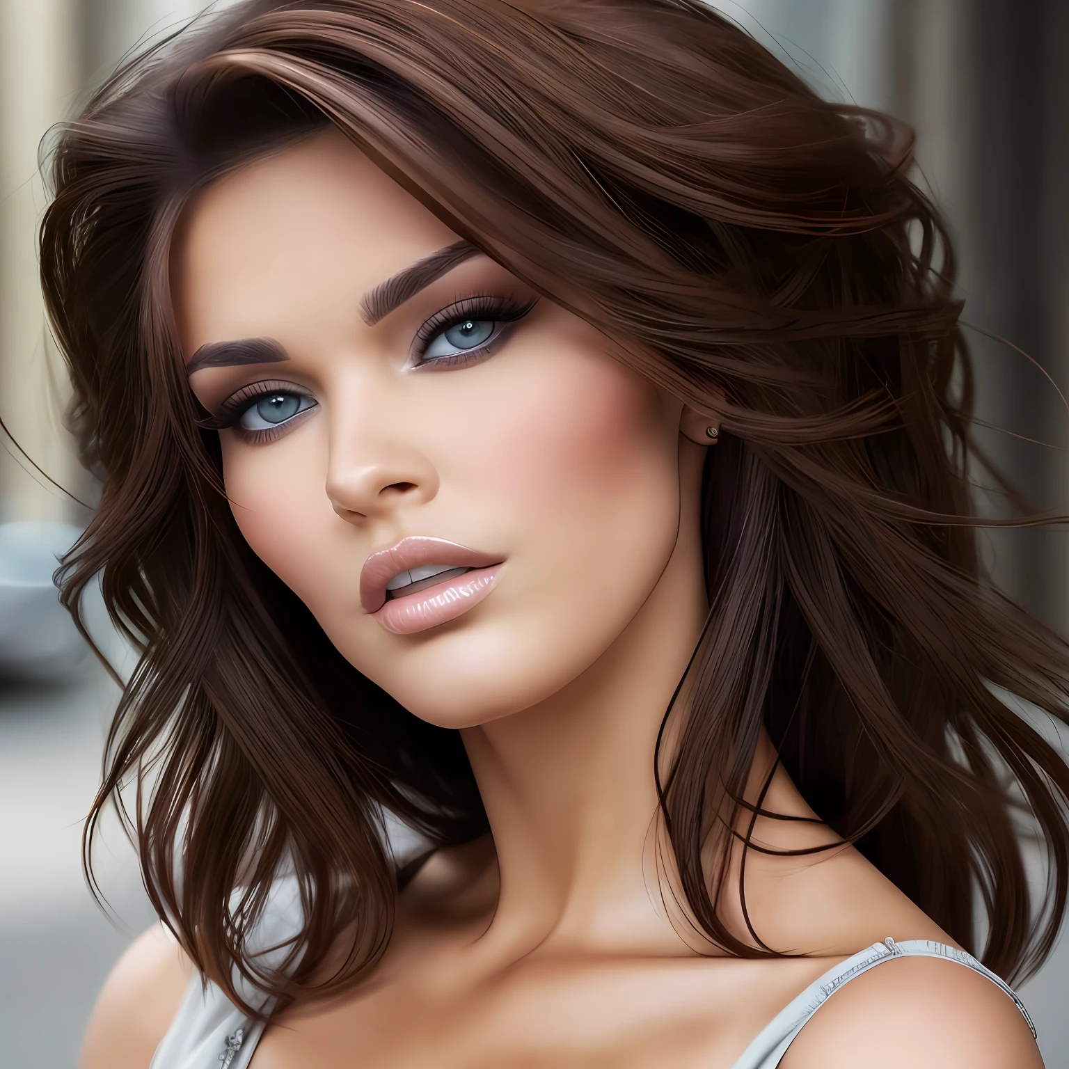 Picture, best quality, woman in the city, photo of beautiful MFdark brown hair, make up, looking at viewer, perfect face, perfect eyes, sharp focus, Intricate, High Detail, dramatic, photorealistic,