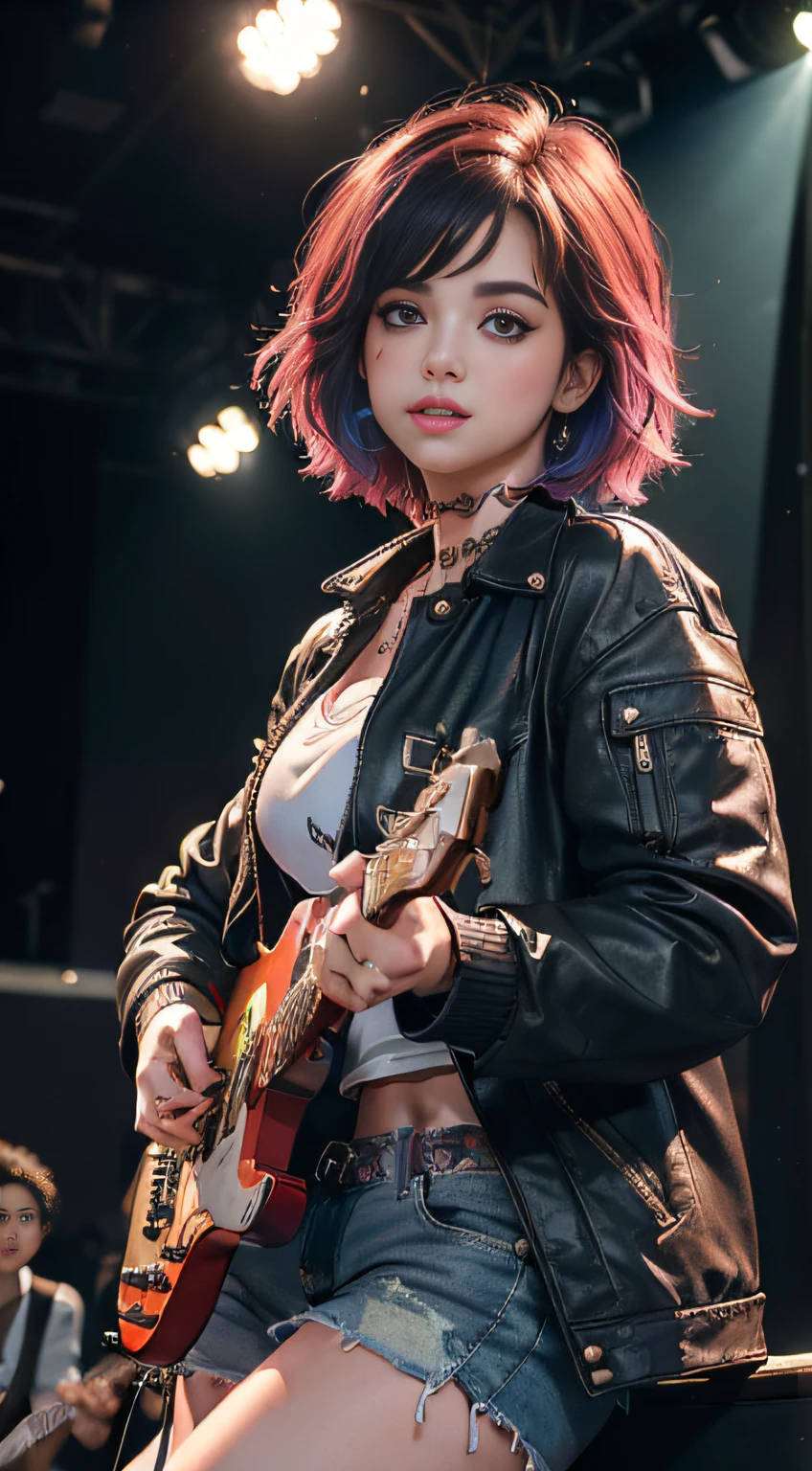 (Masterpiece, Best quality:1.4), (Beautiful, Aesthetic, Perfect, Delicate, Intricate:1.2), (Cute, Adorable), (Depth of field:1.2), cinema shot, Bokeh, Perfect female form, (Perfect face, Detailed face, full pouty lips, Glossy lips, Makeup, eyes liner, Expressive eyes), (Natural breasts, a narrow waist), (Short colorful hair, Rainbow hair, Messy hair), (Short shorts, Short jacket), Punk rock chick on stage, (Playing guitar:1.4), Band on background, auditorium, Audience, Good hands, better hands,