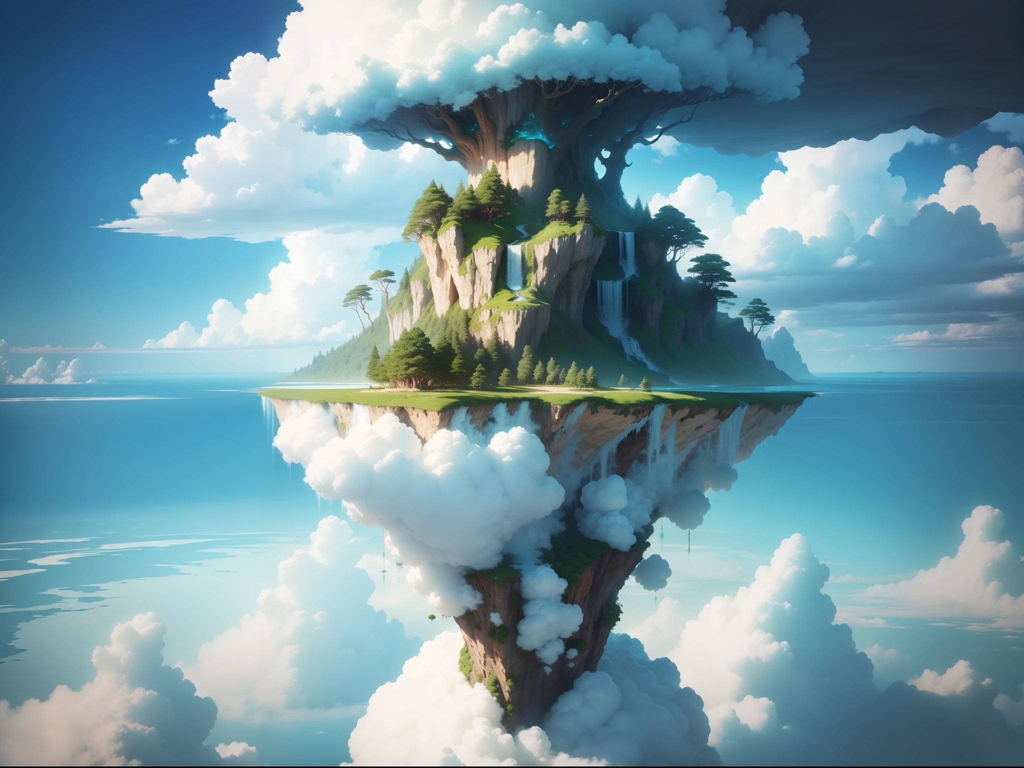 A floating island in the sky, where trees grow upside down and waterfalls flow upward. The island is surrounded by clouds that resemble fluffy cotton candy.