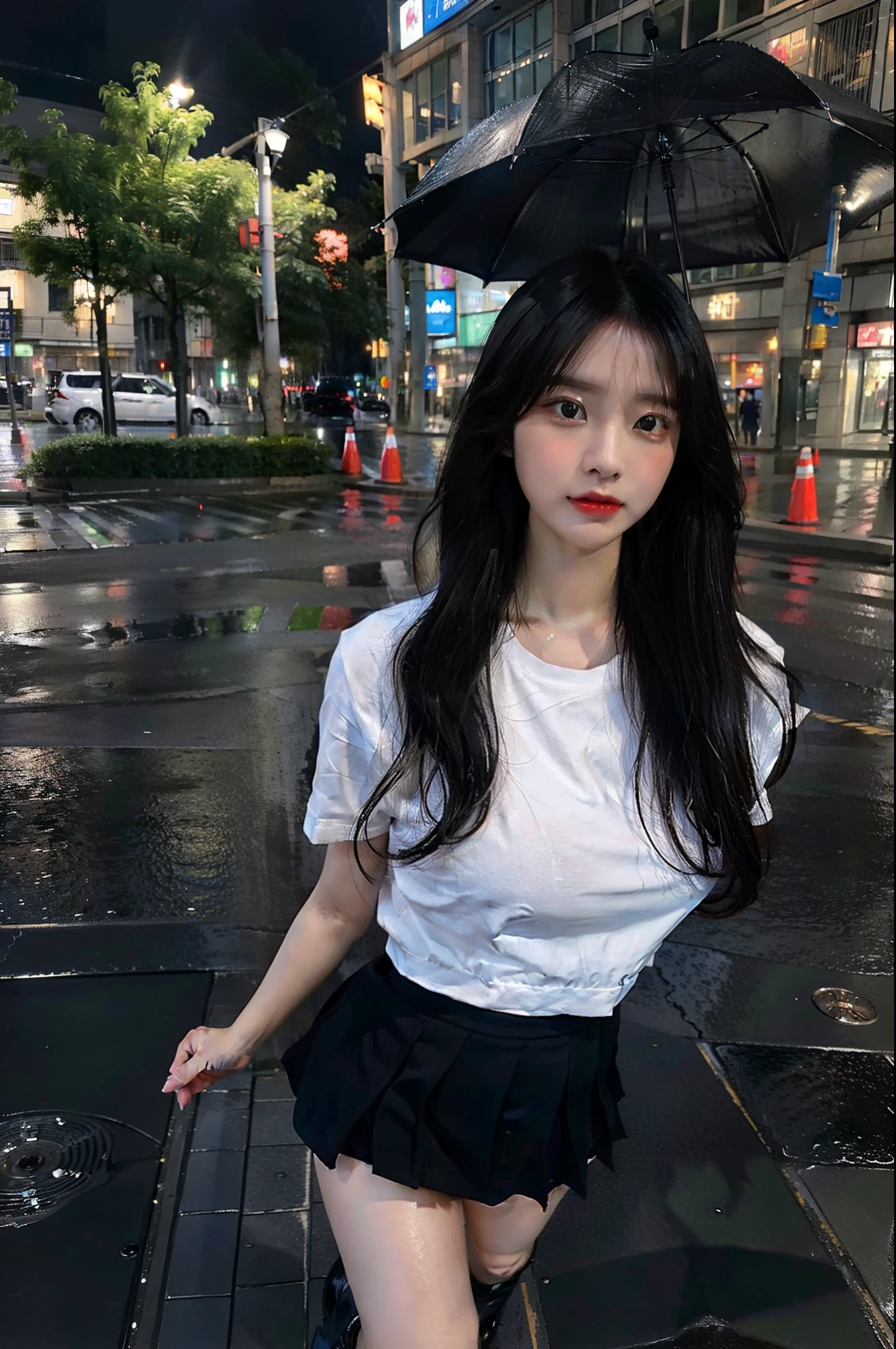 ((Top Quality, 8k, Masterpiece: 1.3)), ((18 years old)), 1 japanese (school girl), Black hair, Very long hair, ((Gigantic huge breast : 1.7)), (Big butt), (white shirt, water soaked into the body) , black tie, black mini skirt, (no naked), tall body, black shoes, in the street, walking, midnight, night, darkness, low lighting, rainy, rain, real rain, full body shoot, look at the viewers