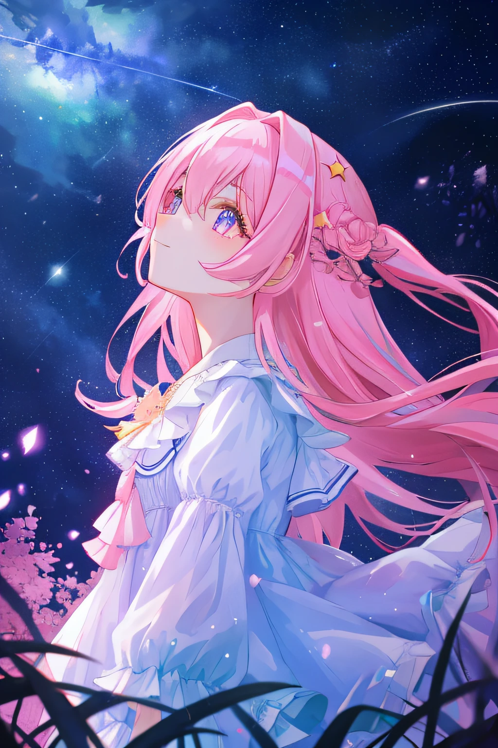 under the starry night sky，Meteors streak across，A beautiful girl looks up at the stars，Pink Long Hair，[，8K，Cleavage is seductive，Misty，（rays of moonlight），cutecolors，eyes with brightness]There are fireflies