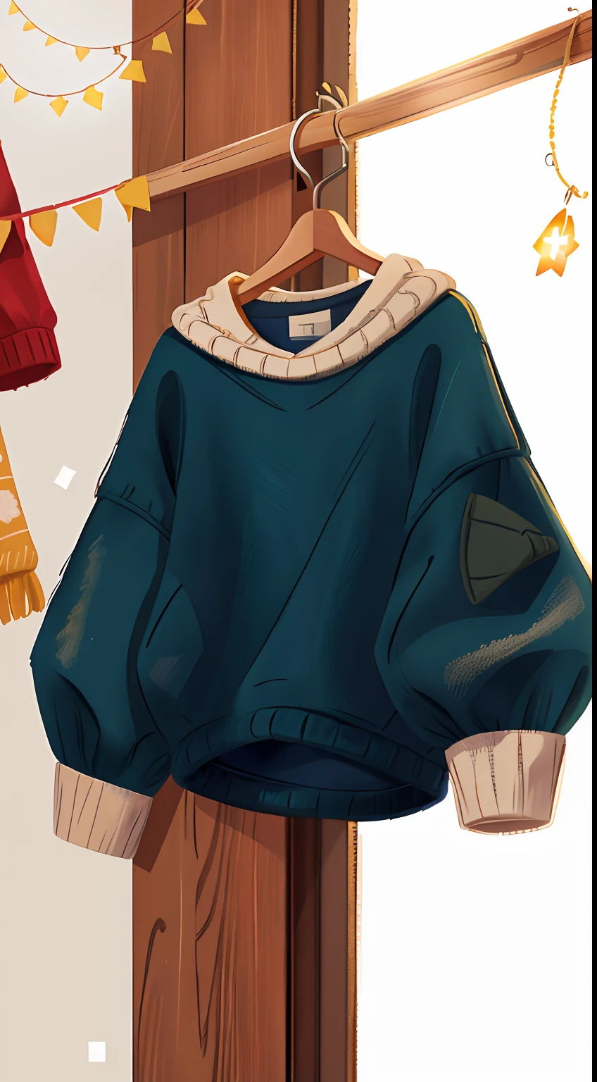 Sweater is hung on the hanger, perfect quality, clear focus (clutter - home: 0.8), (masterpiece: 1.2) (realistic: 1.2) (bokeh) (best quality) (detailed skin: 1.3) (complex details) (8K) (sharp focus), clean background, white background, long view composition, 85MM SHOT