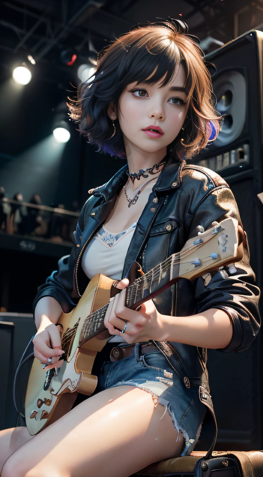 (Masterpiece, Best quality:1.4), (Beautiful, Aesthetic, Perfect, Delicate, Intricate:1.2), (Cute, Adorable), (Depth of field:1.2), cinema shot, Bokeh, Perfect female form, (Perfect face, Detailed face, full pouty lips, Glossy lips, Makeup, eyes liner, Expressive eyes), (Natural breasts, a narrow waist), (Short colorful hair, Rainbow hair, Messy hair), (Short shorts, Short jacket), Punk rock chick on stage, (Playing guitar:1.4), Band on background, auditorium, Audience, Good hands, better hands,