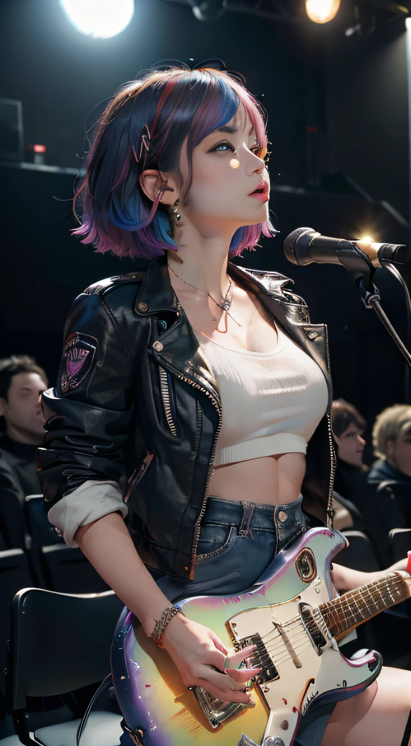 (Masterpiece, Best quality:1.4), (Beautiful, Aesthetic, Perfect, Delicate, Intricate:1.2), (Cute, Adorable), (Depth of field:1.2), cinema shot, Bokeh, Perfect female form, (Perfect face, Detailed face, full pouty lips, Glossy lips, Makeup, eyes liner, Expressive eyes), (Natural breasts, a narrow waist), (Short colorful hair, Rainbow hair, Messy hair), (Short shorts, Short jacket), Punk rock chick on stage, (Playing guitar:1.4), Band on background, auditorium, Audience, Good hands, better hands,