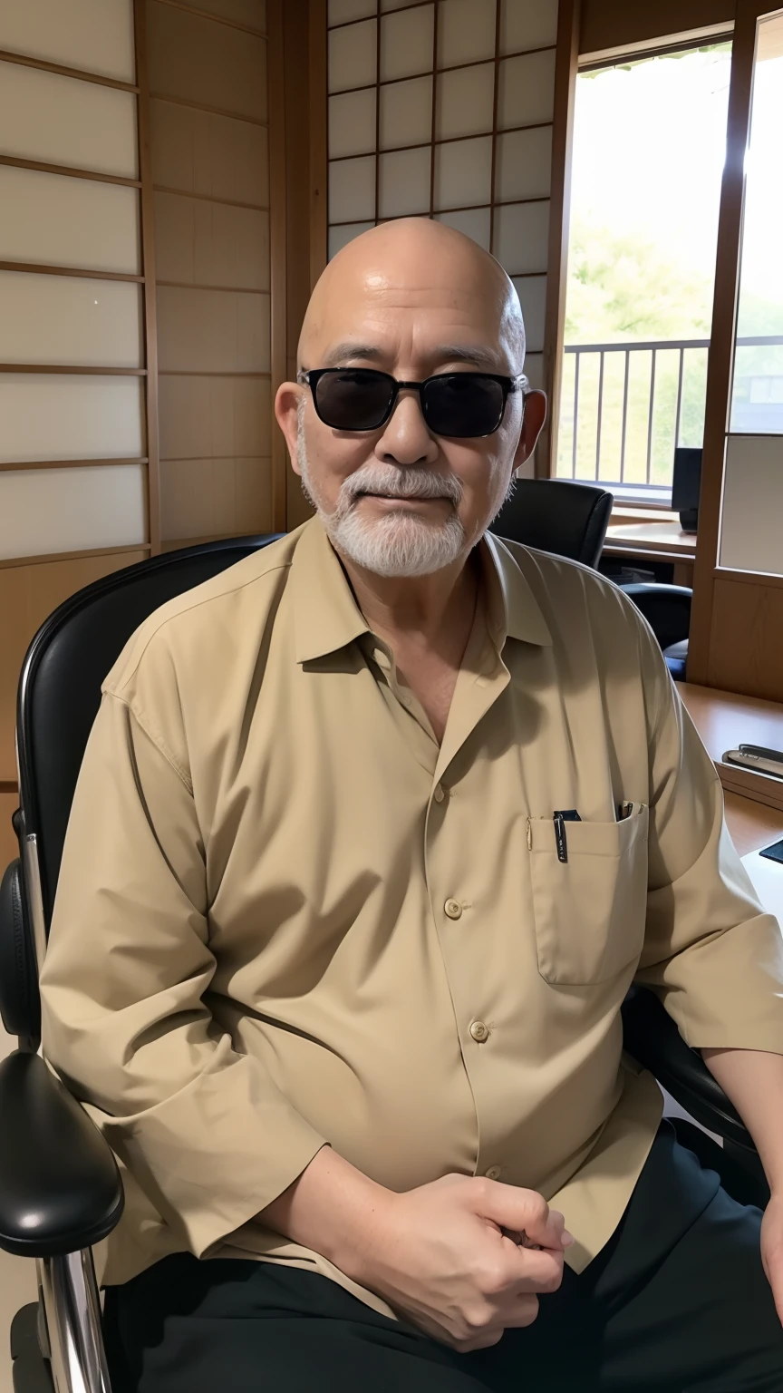 4K、Raw photo、Photoreal Stick、hight resolution、((Men in Japan))、Fat skinheads、Facility Manager、Wearing sunglasses、Sitting on a chair in a nursing home office、Looking at the camera
