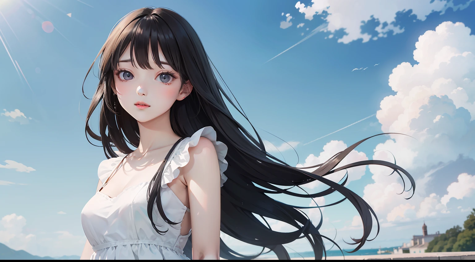 tmasterpiece,best qualtiy,1 girlirl,flowing long black hair,white dresses,The skin is white and delicate,Delicate and beautiful face,looking at viewert,Clouds,Skysky