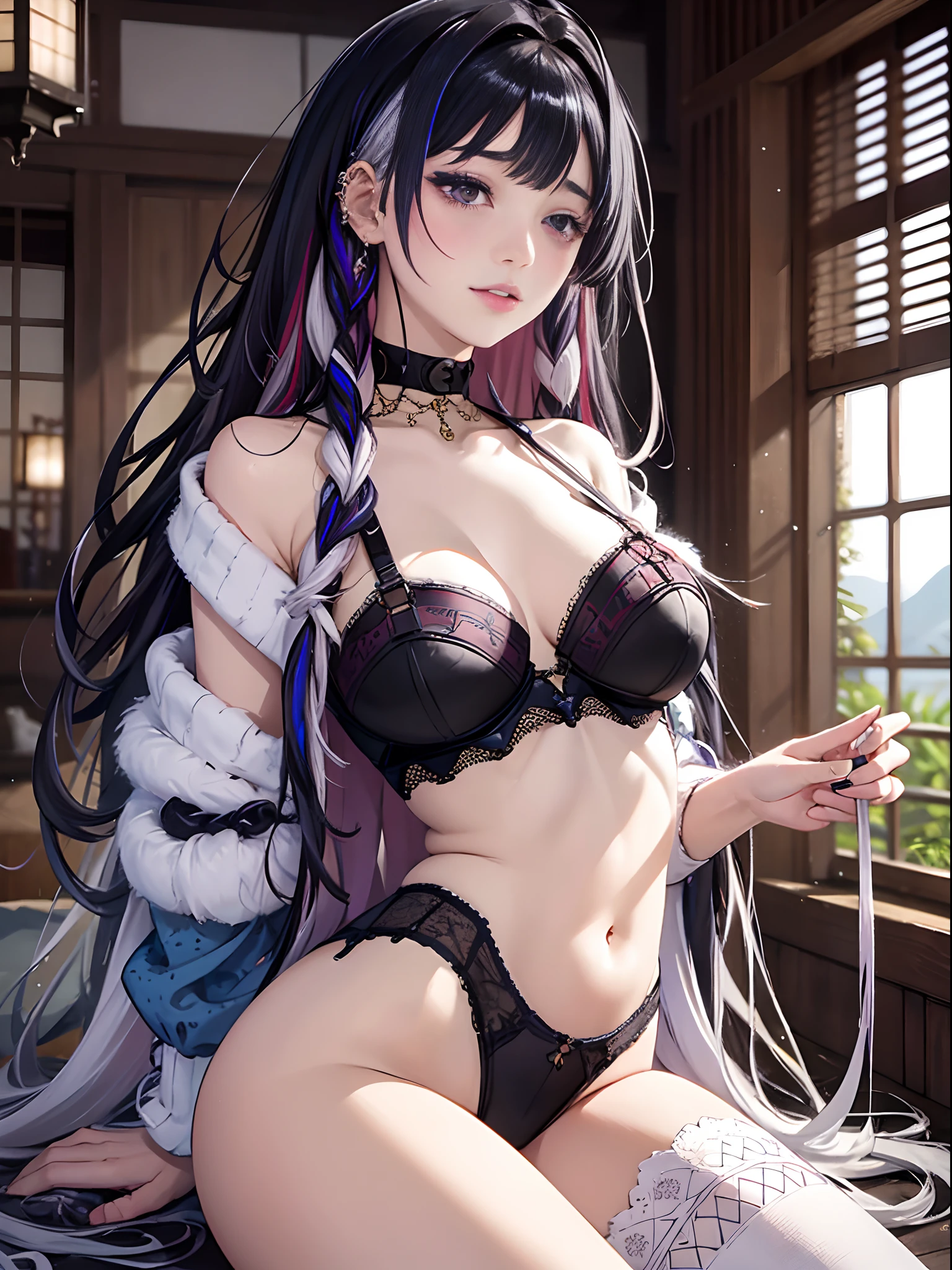 (Enrich the picture,Masterpiece level quality)Beautiful 8K CG artwork,Goddess-like posture,sittinng on the river,Postural exercises,Slim and soft,Translucent skin,Black, purple, white hair、The beauty of extra-long hair, Super Long Straight Hair,The skin is fair and juicy,Big breasts underwear uniform,Perspective Part 1.2x enhanced silhouette effect,Exquisite transparent blues pattern in pajamas,The details are intricate and exquisite,The background is slightly blurred,Charming and lustful leg seduction,Drool,J cup big breasts,Blush,Japan goddess,Perfect body slim curves,Scene by the sea,