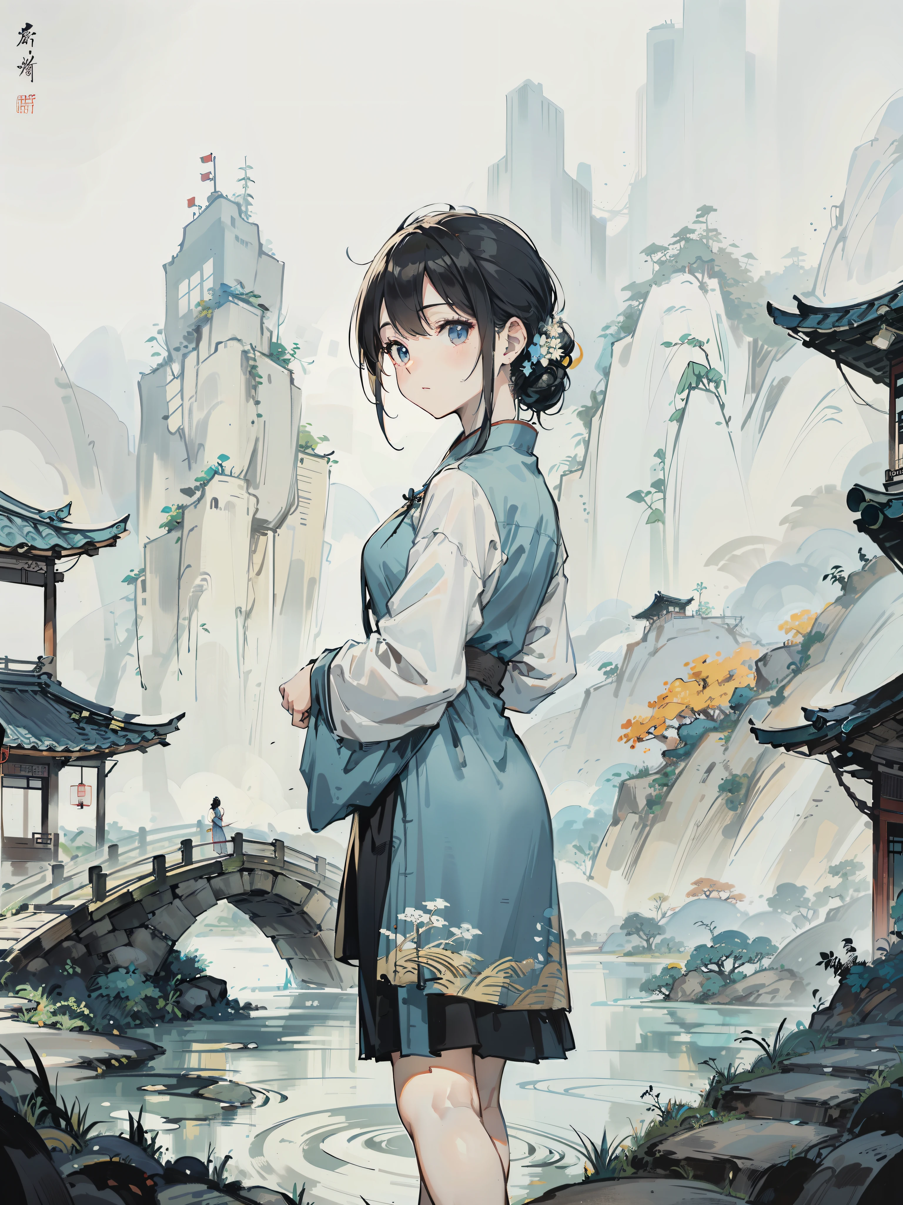 (Best Masterpiece), 8K,
(Chinese ancient painting style), (distant view shot),The camera glides through a bamboo forest and reveals an ancient Chinese garden nestled among the mountains and forests,Multiple traditional Chinese buildings are scattered throughout the landscape, including high mountain waterfalls, pavilions perched on cliffs in the distance, ponds with small flowing bridges, lush trees with abundant branches and leaves,
The natural lighting is exquisite against a backdrop of blue sky and clouds, creating a beautiful color tone,