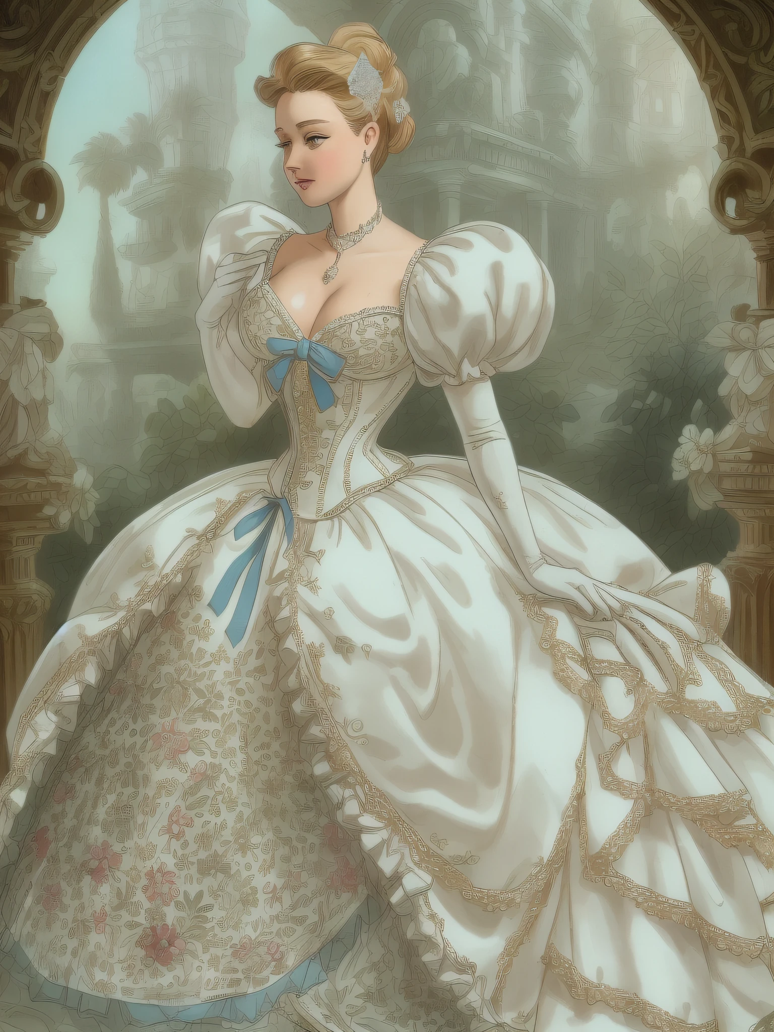 Victorian fairytale art, frustrated Greer Grammer wearing a stately and elaborate Cinderella ballgown of white satin adorned with (((huge ribbon bows))), rosebuds, embroidery and jewels, with (((enormous puffed sleeves))), an hourglass waist, and a (((voluminous crinoline hoopskirt))), (((bustle))) and  long white gloves