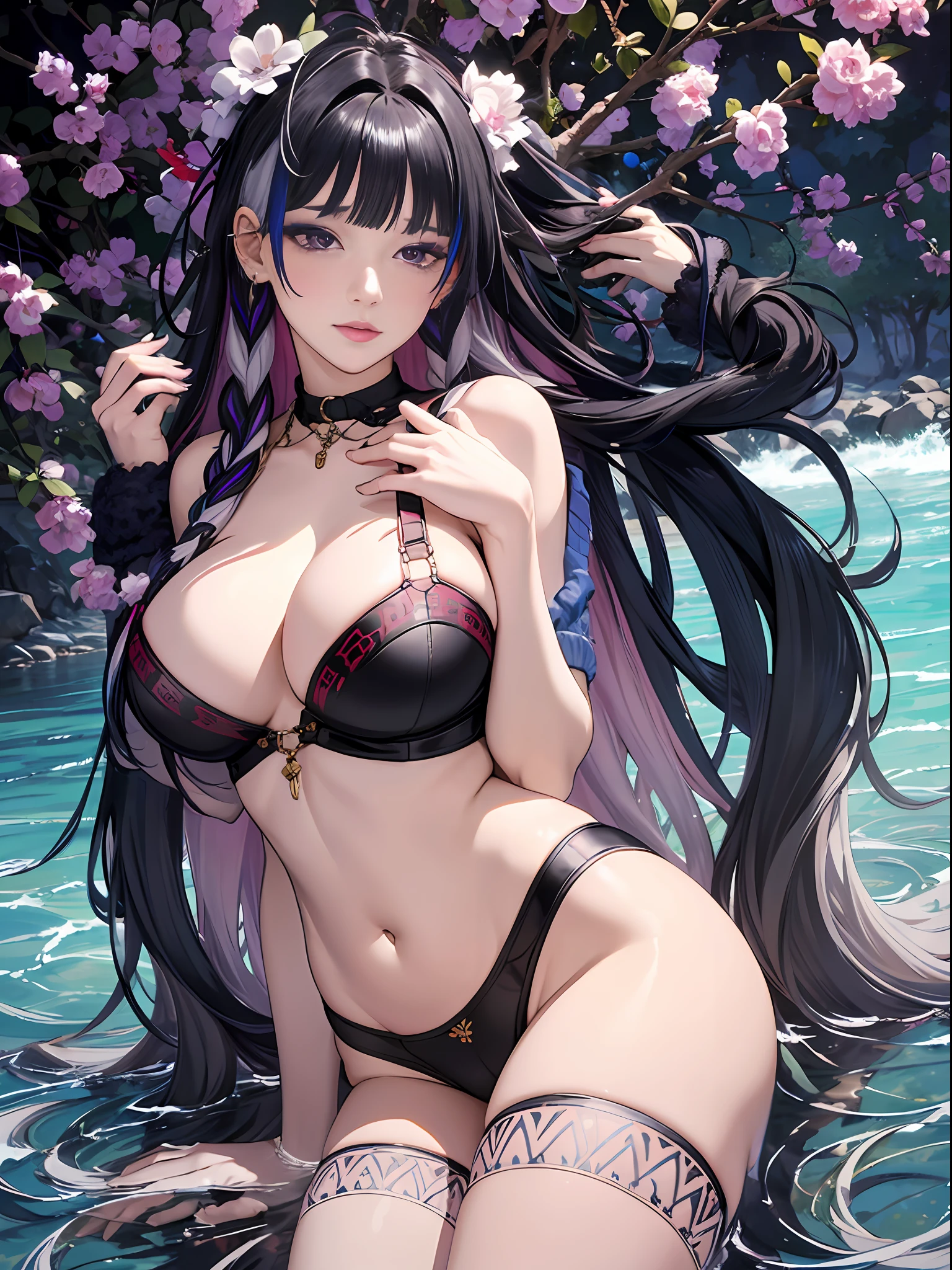 (Enrich the picture,Masterpiece level quality)Beautiful 8K CG artwork,Goddess-like posture,sittinng on the river,Postural exercises,Slim and soft,Translucent skin,Black, purple, white hair、The beauty of extra-long hair, Super Long Straight Hair,The skin is fair and juicy,Big breasts underwear uniform,Perspective Part 1.2x enhanced silhouette effect,Exquisite transparent blues pattern in pajamas,The details are intricate and exquisite,The background is slightly blurred,Charming and lustful leg seduction,Drool,J cup big breasts,Blush,Japan goddess,Perfect body slim curves,Scene by the sea,