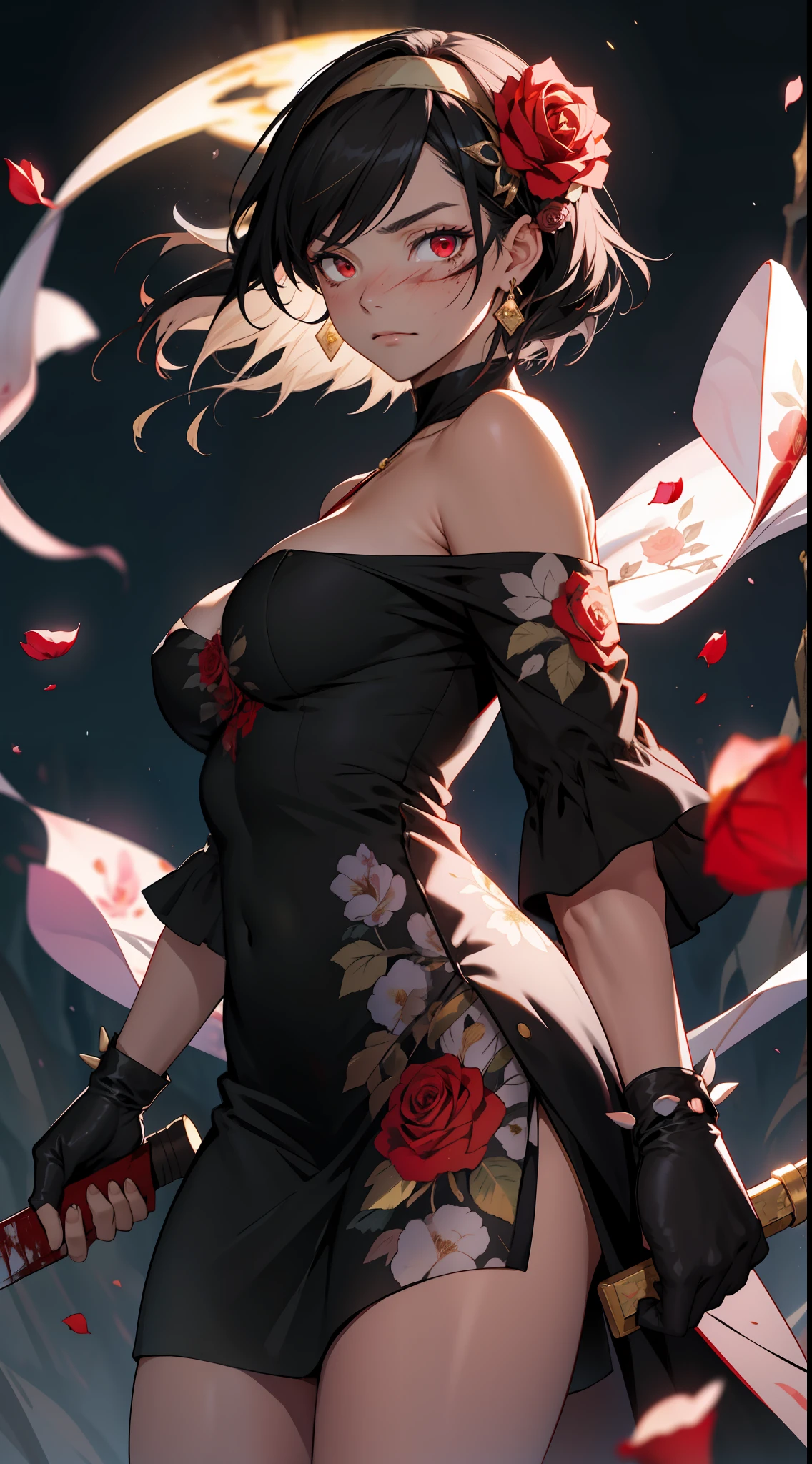 (anime) . ((Yor Briar), 1woman, backlighting, (bare shoulders), (black background), (black dress), (black gloves), (black hair), blood, (blood on face), (blood on weapon), breasts, (closed mouth), (cowboy shot), dress, earrings, expressionless, fingerless gloves, (floating hair), (floral print), flower, (gloves, gold earrings), (gold hairband), (hair flower), (hair ornament), hairband, holding, (holding weapon), jewelry, (large breasts), (light particles), (long hair), (looking at viewer), (off-shoulder dress), (off shoulder), petals, (red eyes), rose, (rose petals), (rose print), (short hair with long locks), sidelocks, solo, spikes, thighs, (two-sided dress), (two-sided fabric), weapon, ((masterpiece)), 4k )