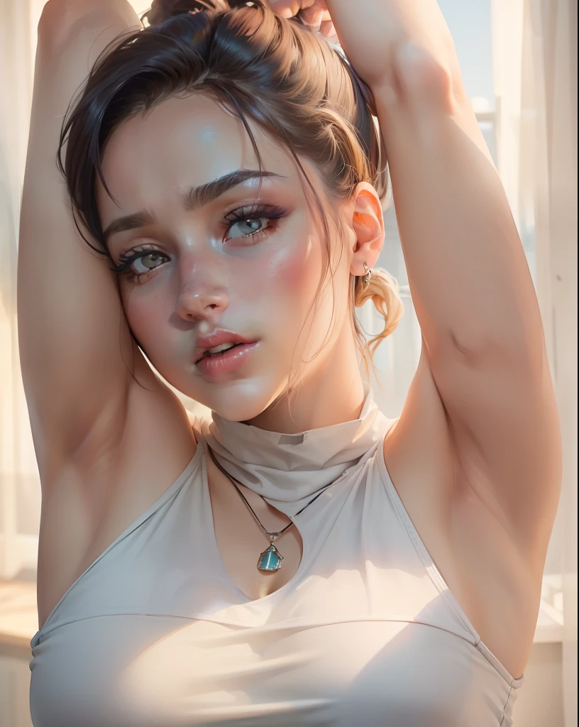 ((Best quality, 8k, Masterpiece :1.3)), 1girl, Pretty woman with emphasizing slender abs :1.3, (random hairstyles :1.2), Oversized tank top :1.2, Ultra-detailed face, Detailed eyes, Double eyelid, armpit