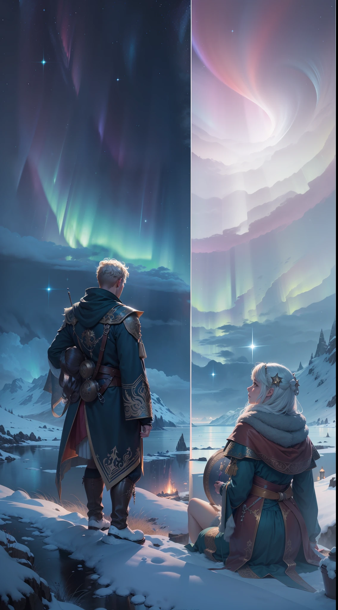 a husband and wife,(Master masterpieces,high qulity,Very detailed,Perfect artwork,CG),Defocused,ultra-wide-angle,fantasy,Ao olhar para cima,star,starrysky,The stars shine,snowfield,aurora borealis
