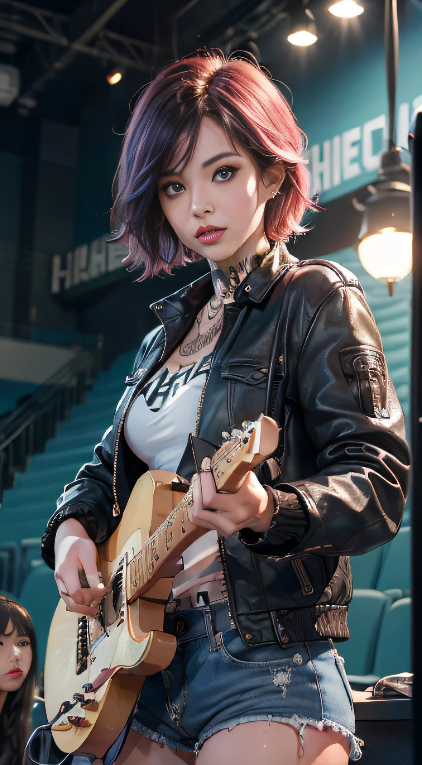 (Masterpiece, Best quality:1.4), (Beautiful, Aesthetic, Perfect, Delicate, Intricate:1.2), (Cute, Adorable), (Depth of field:1.2), cinema shot, Bokeh, Perfect female form, (Perfect face, Detailed face, full pouty lips, Glossy lips, Makeup, eyes liner, Expressive eyes), (Natural breasts, a narrow waist), (Short colorful hair, Rainbow hair, Messy hair), (Short shorts, Short jacket), Punk rock chick on stage, (Playing guitar:1.4), Band on background, auditorium, Audience, Good hands, better hands,