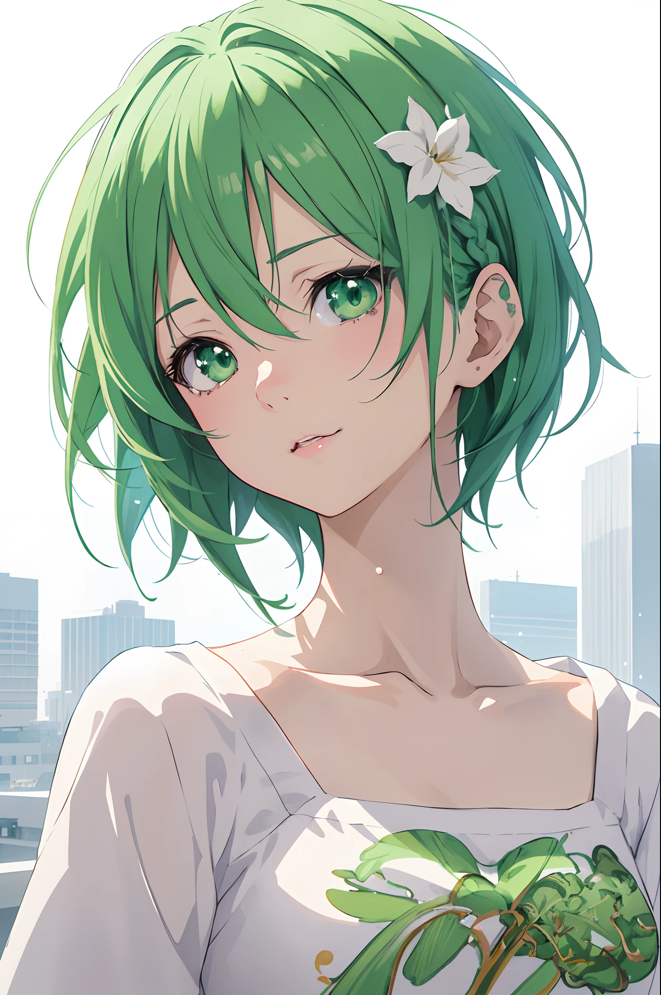 Anime girl with green hair and green eyes looking at camera, Short hair and short braid、Smooth Anime CG Art, anime styled 3d, Anime style. 8K, photorealistic anime girl render, made with anime painter studio, soft anime illustration, kawaii realistic portrait, realistic anime 3 d style, detailed anime soft face, render of a cute 3d anime girl, soft portrait, Stylized anime、(White background:1.4), Original,(illustratio:1.1),(Top image quality),(​masterpiece:1.1),(Ultra-fine CG unified 8k wallpaper), (colourfull:1.2) (Ink splashing),(Color splattering),((watercolor paiting)), (urban backdrop、highrise buildings)、Clear Sharp Focus、 colorwater、