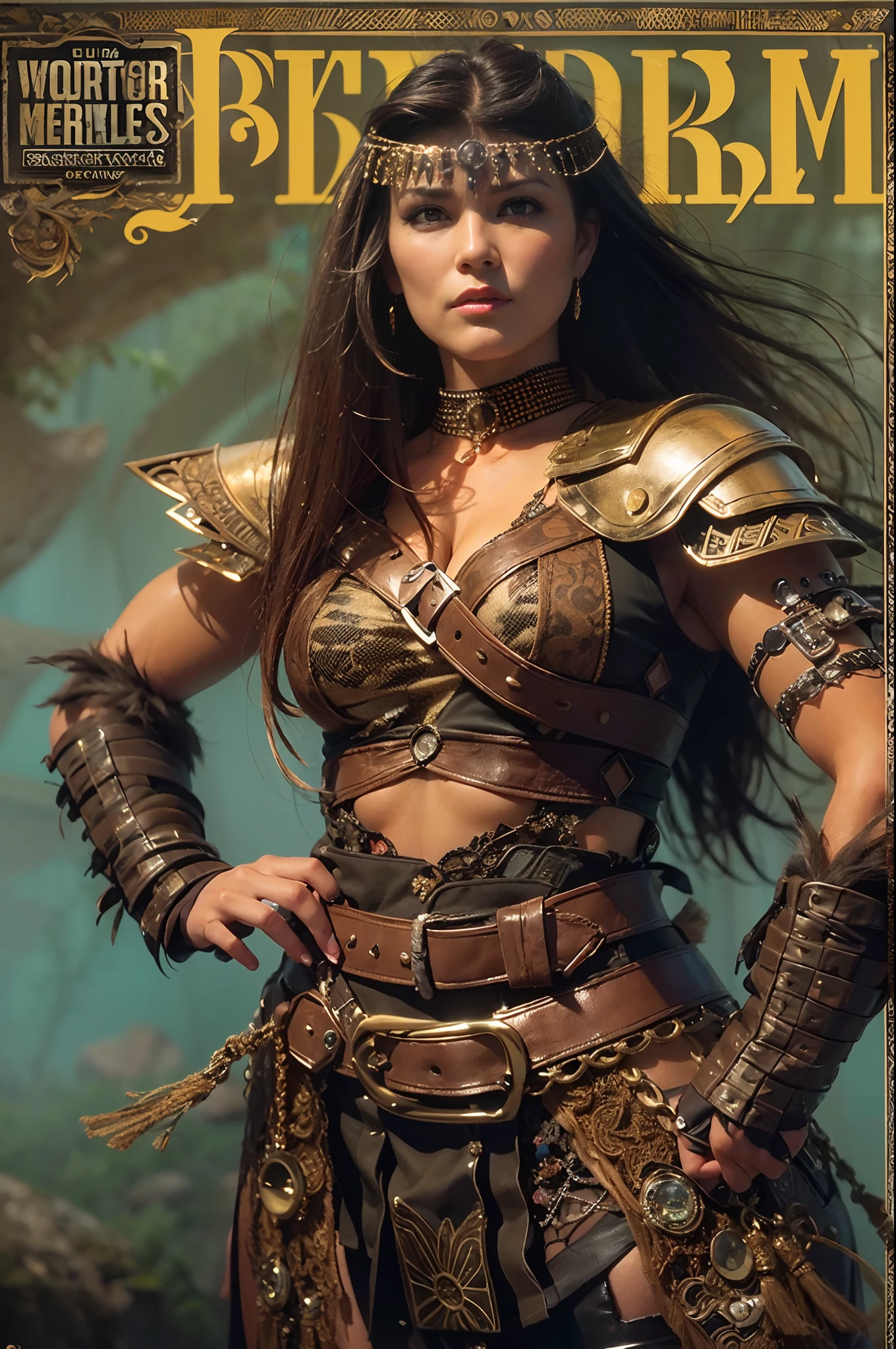 Una mujer vestida como Xena, The warrior princess and with a strange style hair and makeup, Pose for the cover of a rock metal album. (La mejor calidad) obra maestra (pechos grandes) ((cabello rubio)) (cuerpo delgado)