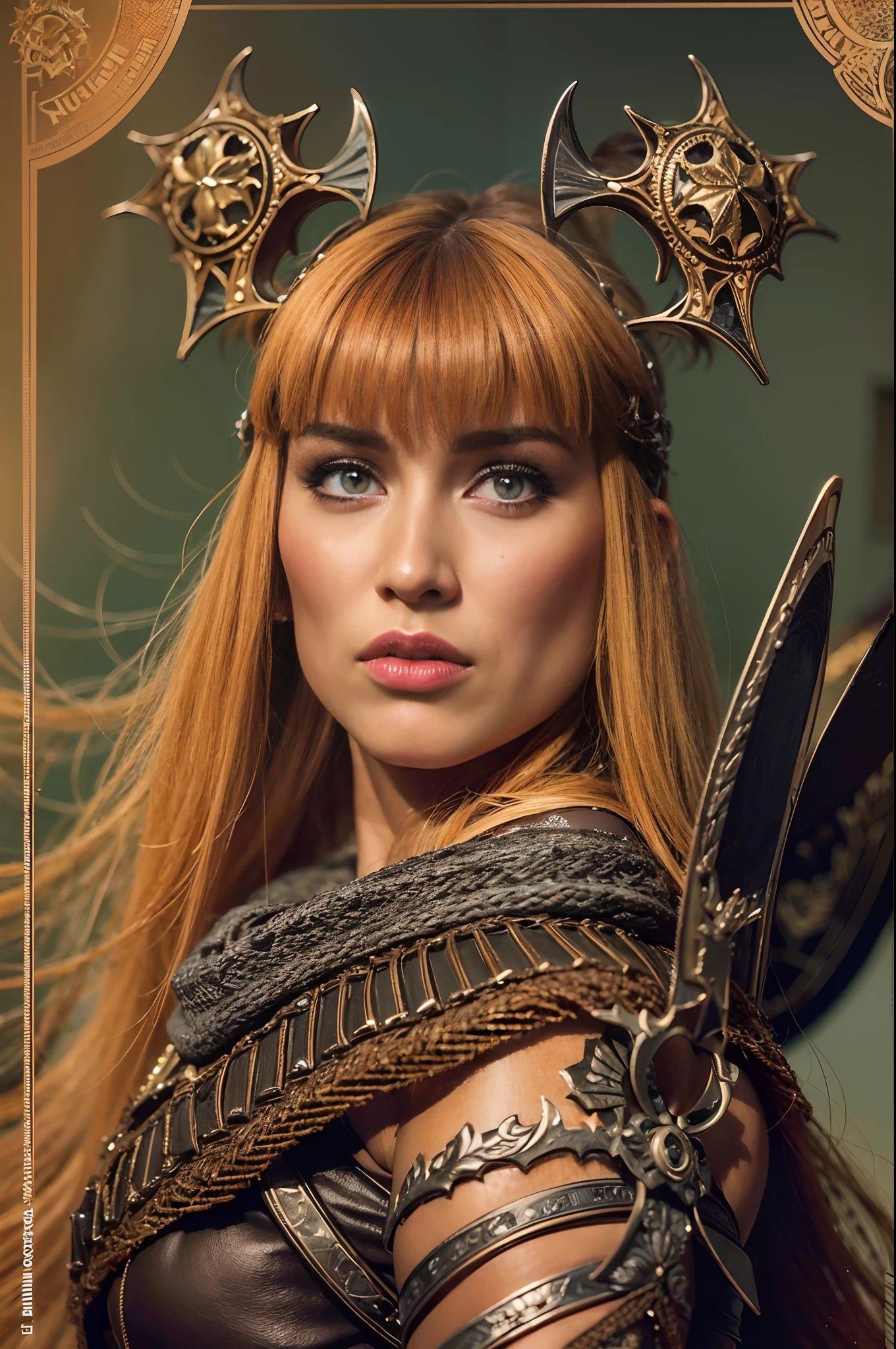 Una mujer vestida como Xena, The warrior princess and with a strange style hair and makeup, Pose for the cover of a rock metal album. (La mejor calidad) obra maestra (pechos grandes) ((cabello rubio)) (cuerpo delgado)