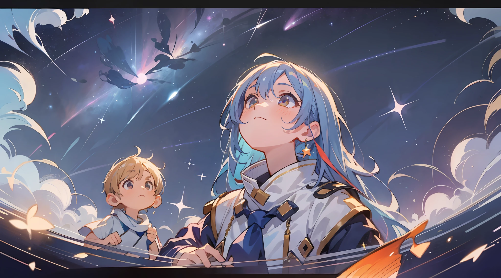 tmasterpiece,Best picture quality,Starry sky at night,Boy and girl looking up at the sky,Bi-shot,Colorful clouds,Shining starry sky,Shooting stars cut through the sky,dream colors,Wide angle and fisheye lens,Meticulous CG illustration,Unified 8k wallpaper。