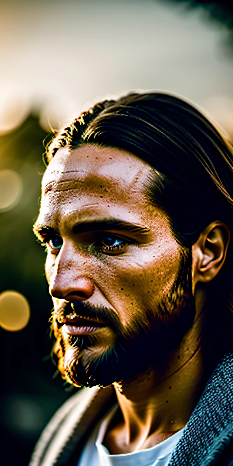 portrait of modern day Jesus, cinematic lighting, depth of field, bokeh, realism, photorealistic, hyperrealism, professional photography, uhd, dslr, hdr