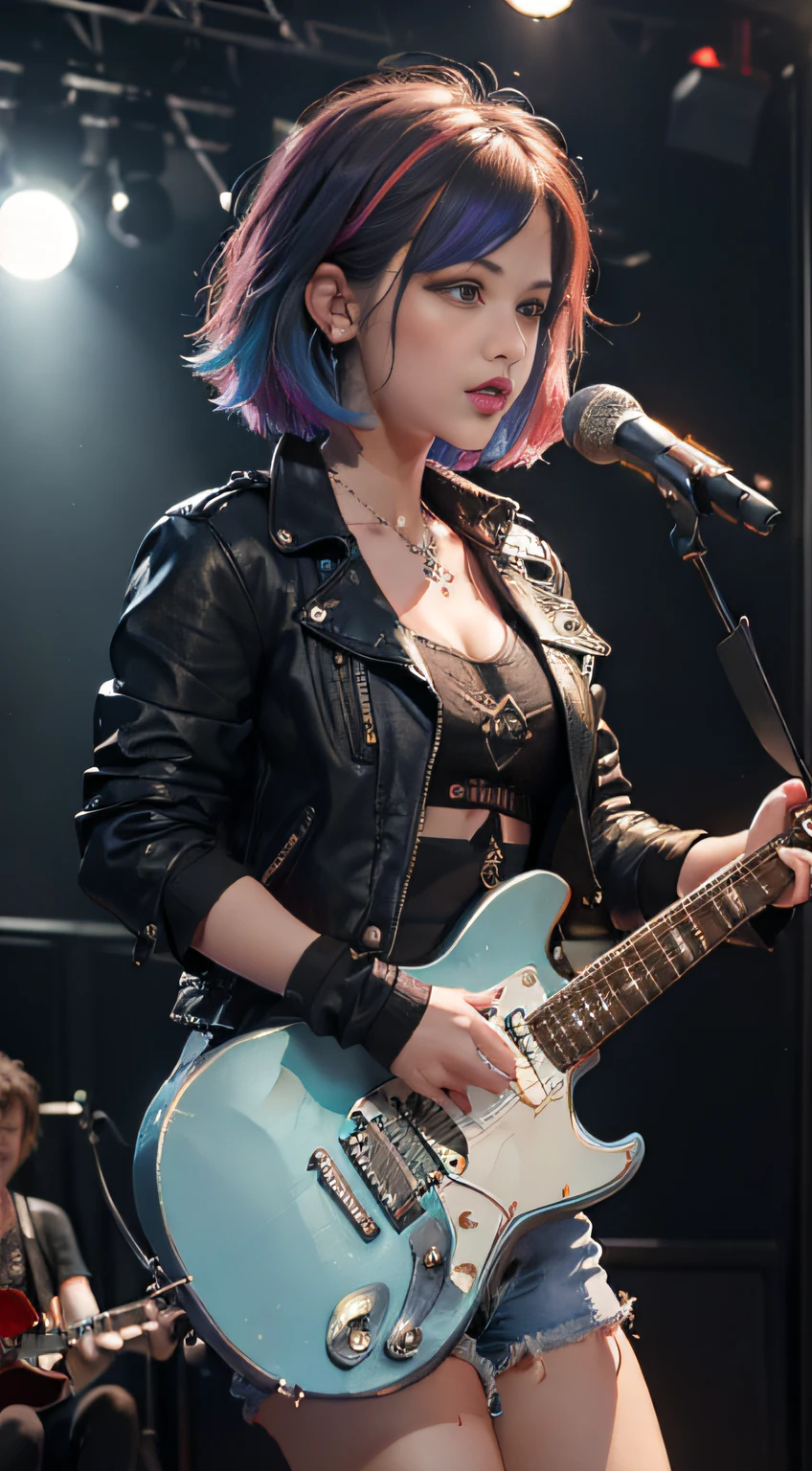 Top quality, masterpiece, ultra high definition, (photorealistic: 1.4), raw photo, cowboy shot, attractive smiling girl playing electric guitar on live stage, (dynamic po), red gradient hair, asymmetrical bangs, cross pendant necklace, earrings, white punk rock costume, colorful live lighting, spotlight