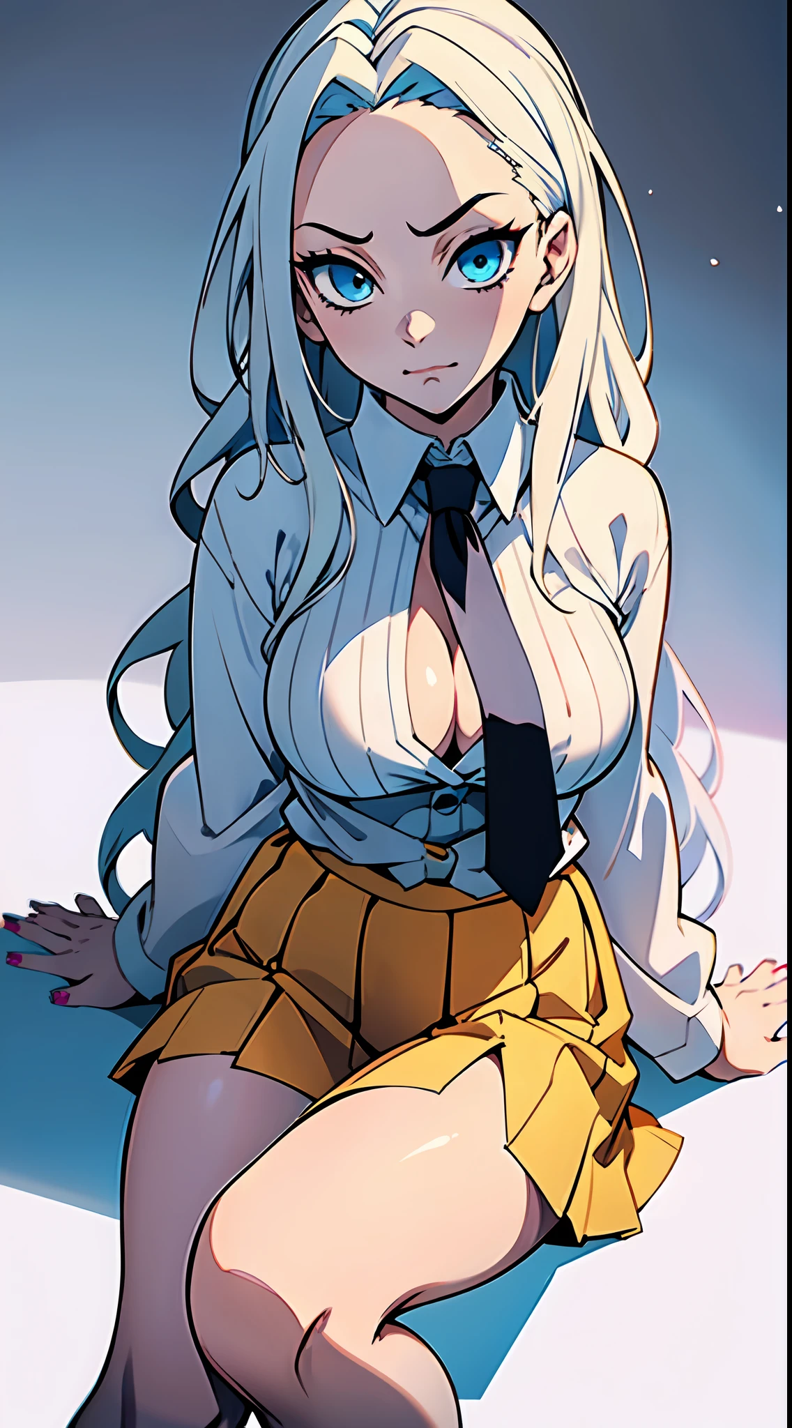 Masterpiece, Best Quality, DakiV4, 1girl, 独奏, White Skin Skin, hairlong, pectorals, looking a viewer, Smile, hair ornament, thights, thights, cleavage, extra very long hair, white colored hair, makeup, fingernails, hands on thighs, Cyan eyes, School uniforms, white  shirt, yellow tie, short yellow skirt, frowning face